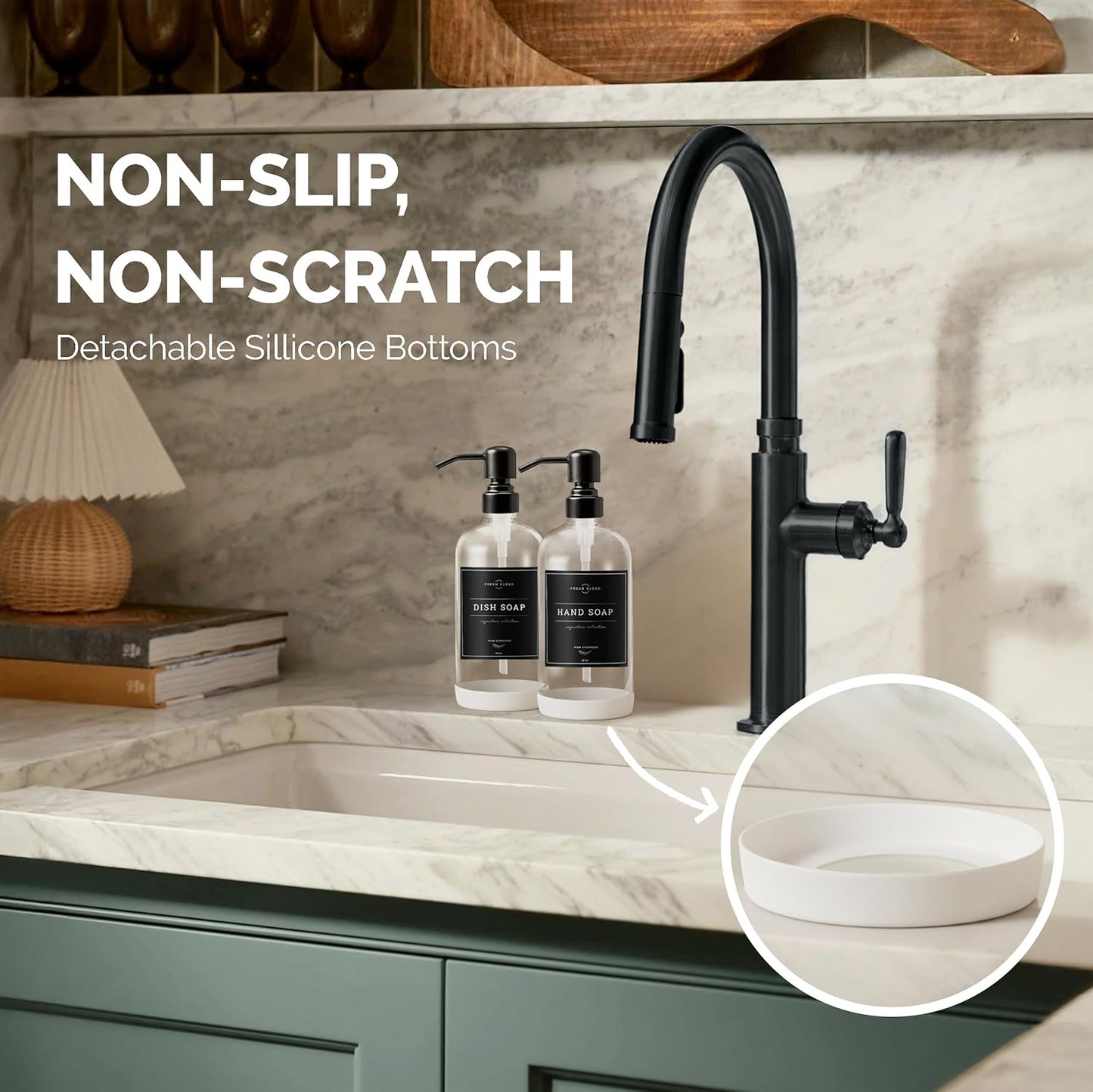 Vine Creations Clear Glass Soap Dispenser, 2 Pack Kitchen Soap Dispenser Set with Stainless Steel Pump, 16 oz Dish Soap and Hand Soap Dispensers for Bathroom with Waterproof Labels