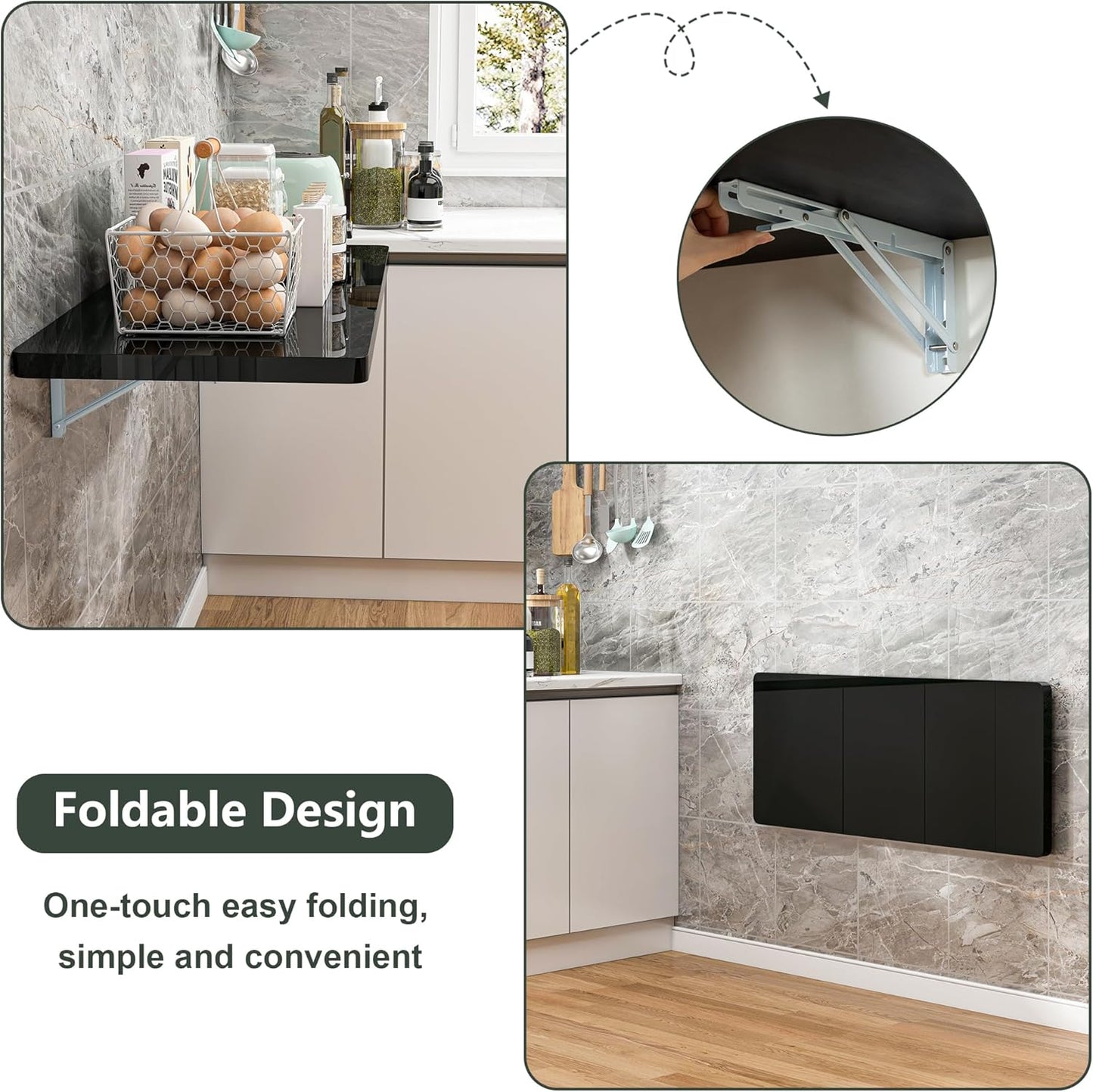 Clikuutory Wall Mounted High Gloss Folding Table, Wall Desk Fold Down for Small Spaces, Folding Workbench for Laundry Room, Home Office, Kitchen, Bedroom, Home Bar, Black (47.2"×19.7")