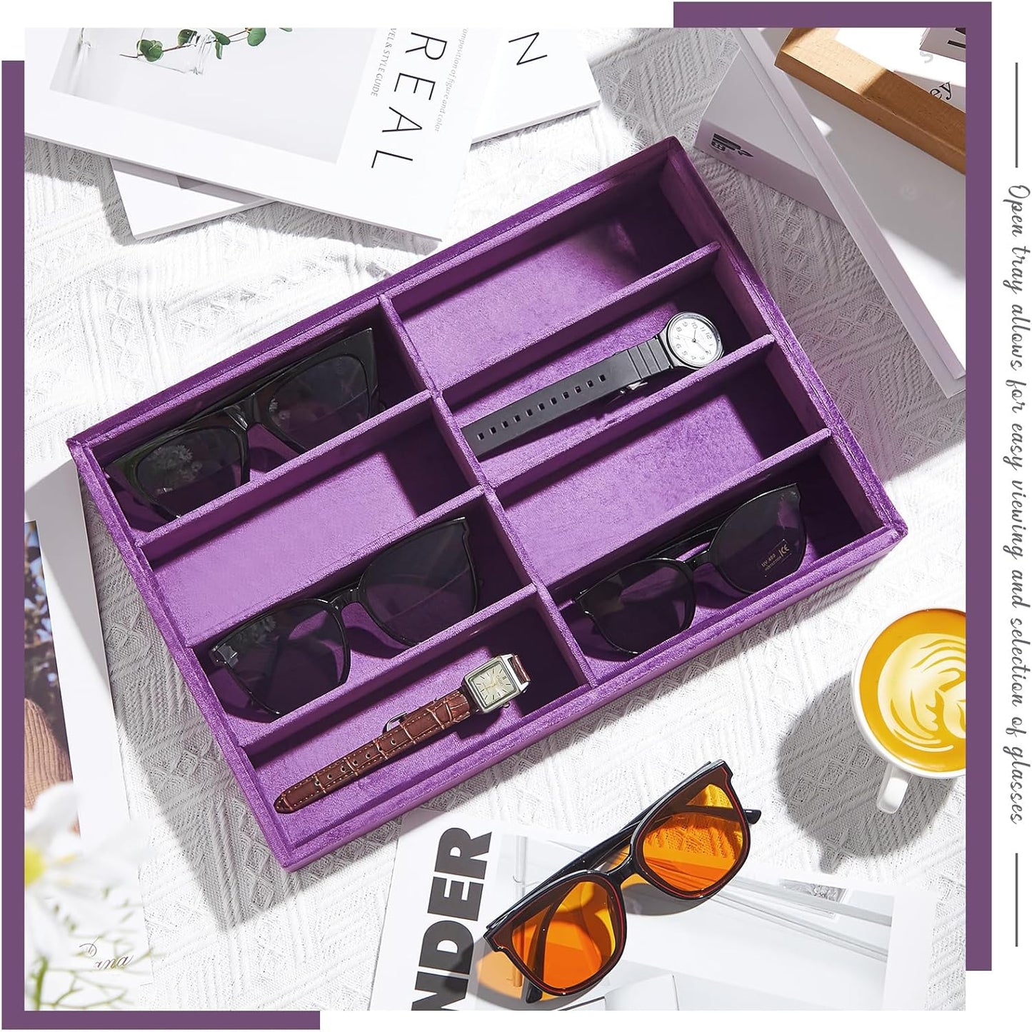 Amylove 2 Pcs Sunglass Organizer Trays Glasses Stackable Jewelry Trays Sunglass Organizer Display Box(8 Grids,Purple)
