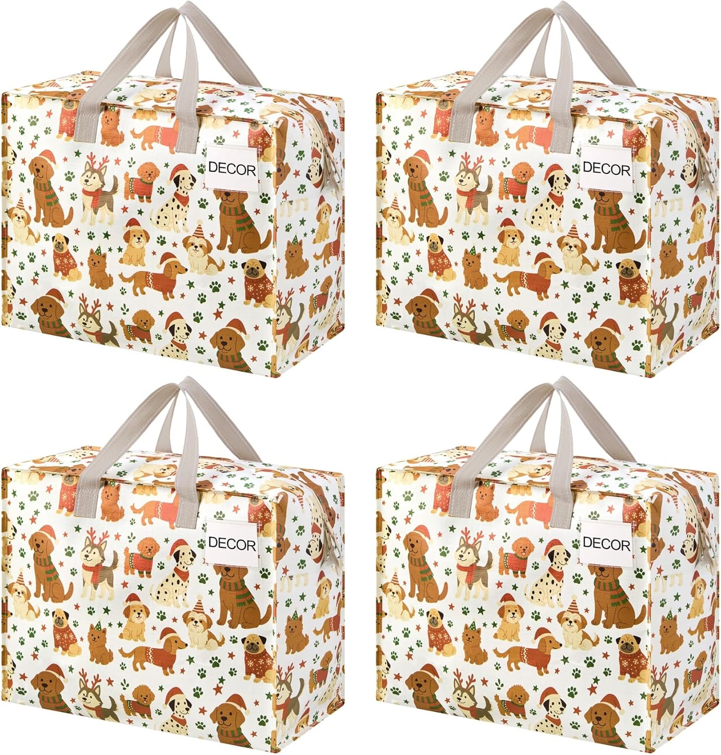 VENO 4 Pack Heavy Duty Moving Bags, Storage Bags, Packing Supplies, Top Zipper, Storage Totes for Camping, Clothes, Bedding, Comforters, Pillows, Christmas Pattern (13 Gallon, Holiday Pups, 4 Pack)