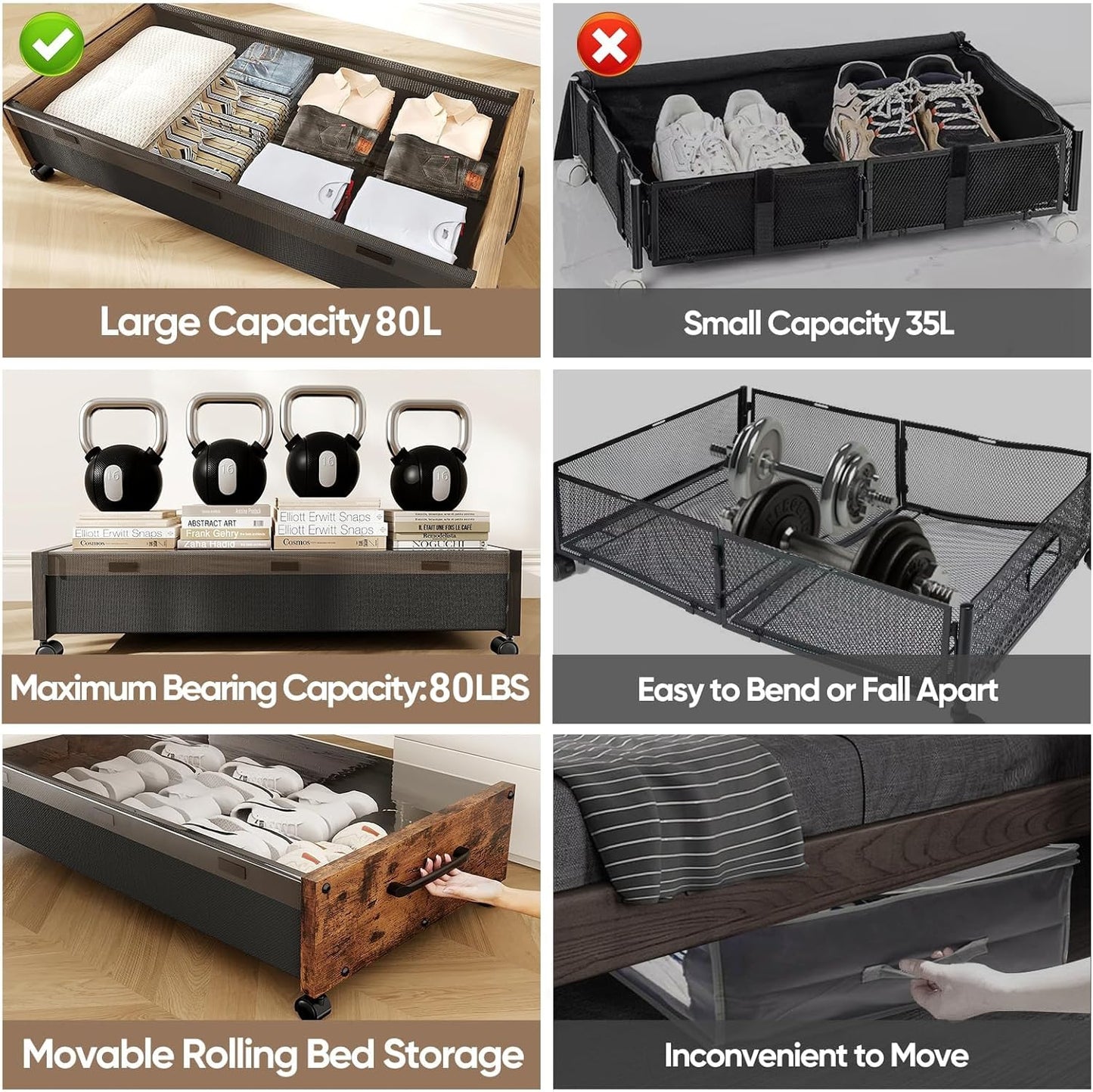 Under Bed Storage with Wheels, 2 Packs Wooden Storage Containers Extra Large Underbed Shoes Organizer, Rolling Under Bed Storage Drawers with Clear Lid, Heavy Duty for Clothes Toys 36"L (Vintage)