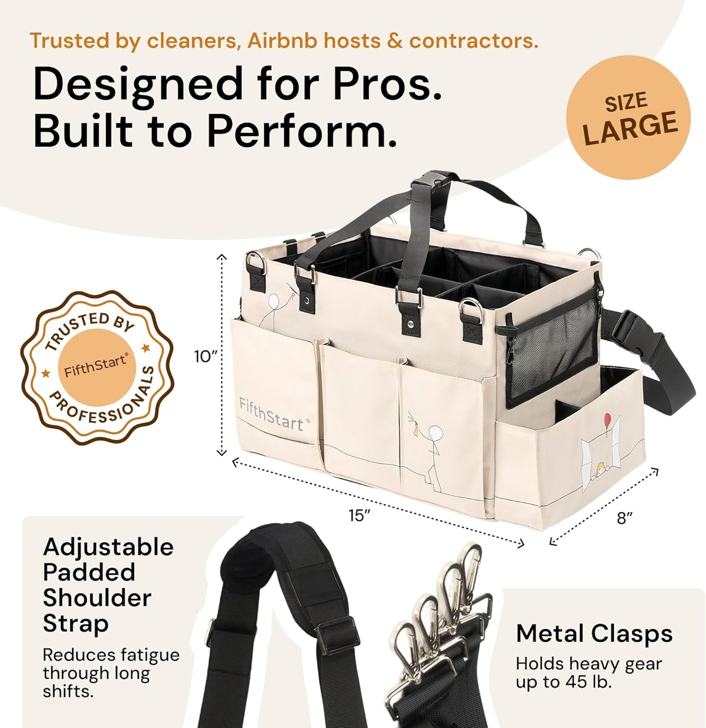 FifthStart Multiuse Cleaning Caddy with Waist & Shoulder Strap,9 Pockets Professional Bag, Mesh Base & Adjustable Compartments - Beige Large Organizer with Handle - Cleaning Caddy Bag (Beige, Large)