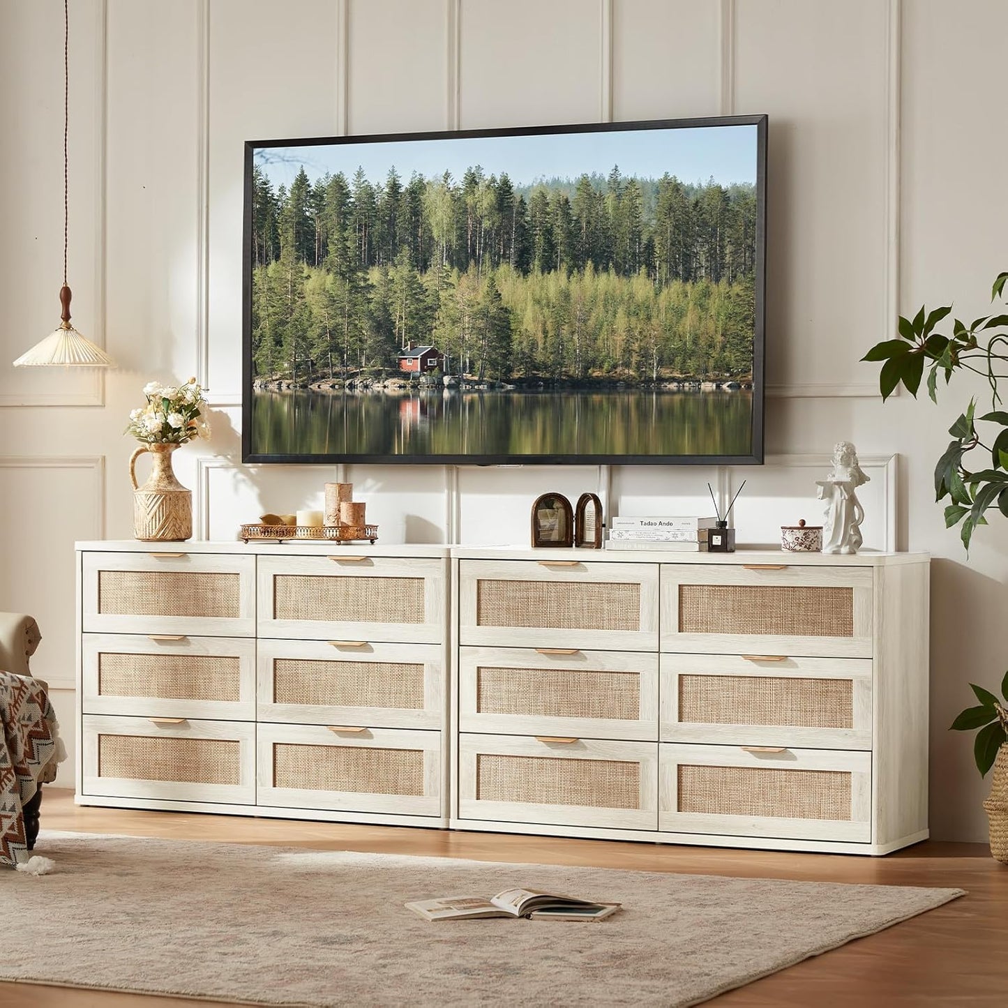 LEYAOYAO Rattan Dresser for Bedroom Set of 2, Boho 48" Wide White Dresser Chest of Drawers, Dressers TV Stand with Metal Handle, Storage Dressers Closet Organizer for Living Room, Hallway
