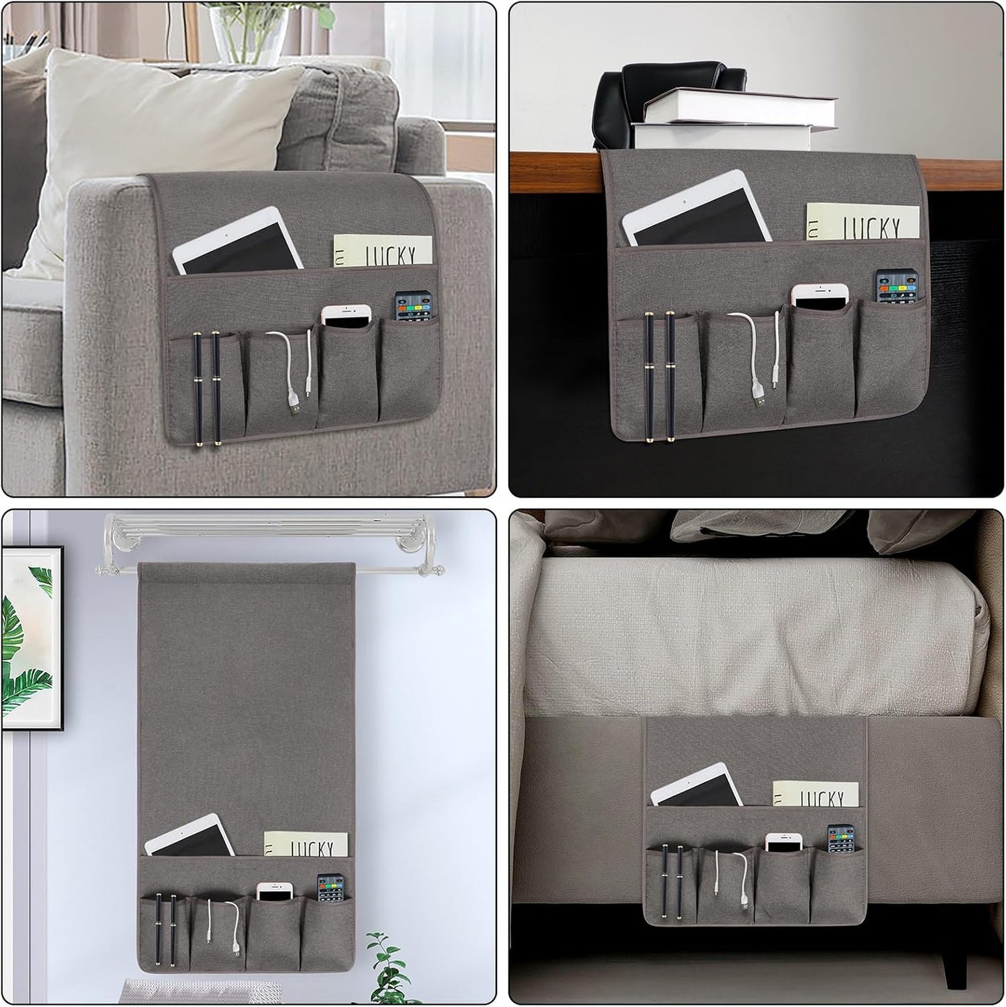 NB Sofa Armrest Organize remote holder bedside caddy organizer with 5 pockets，non-slip couch remote control holder couch armchair caddy accessories (Dark Grey, 35''x18'')