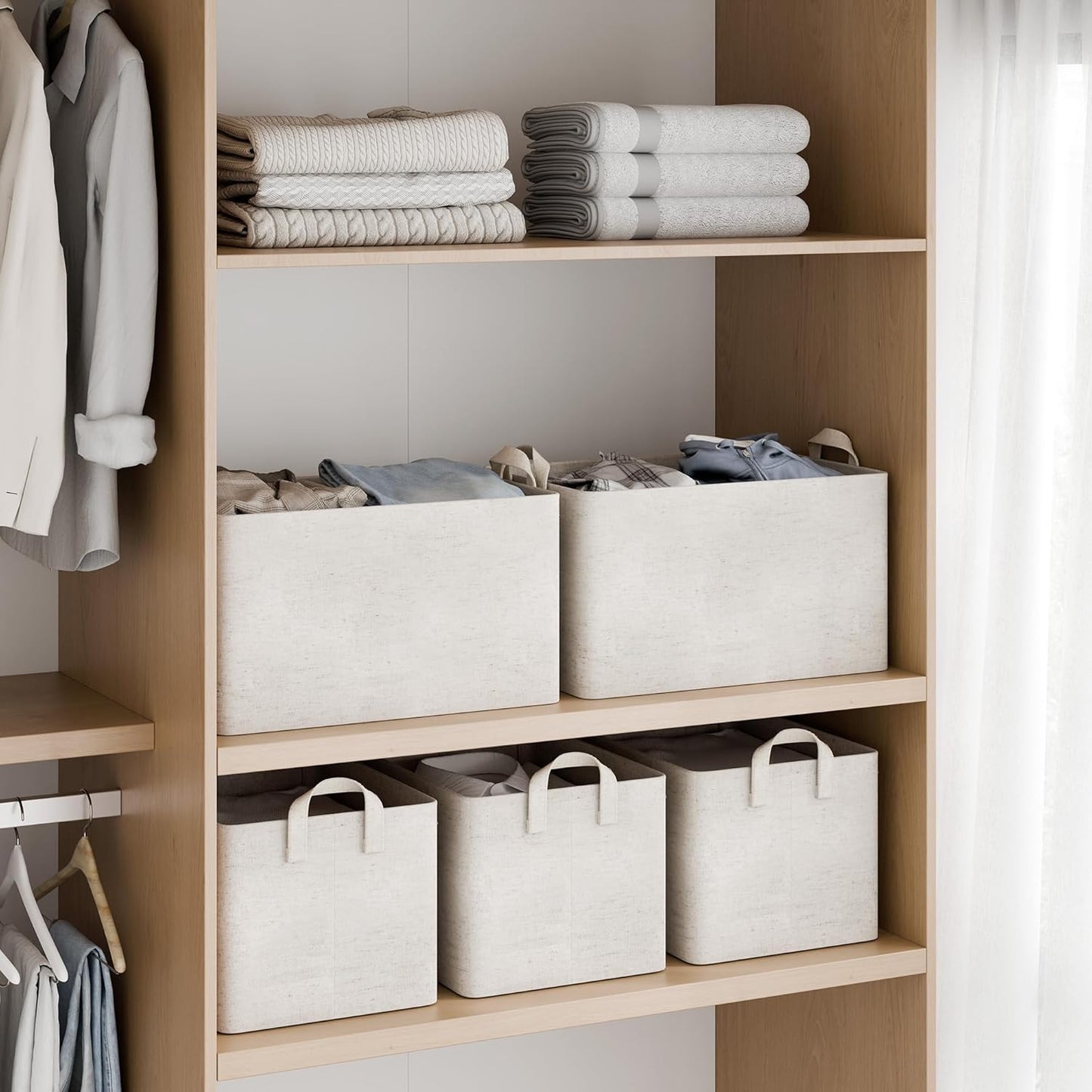 StorageWorks Storage Bins, Shelves Baskets for Organizing, Large Fabric Closet Organizers with Handles, Metal Frame, Beige（Cotton-linen）, 2-Pack