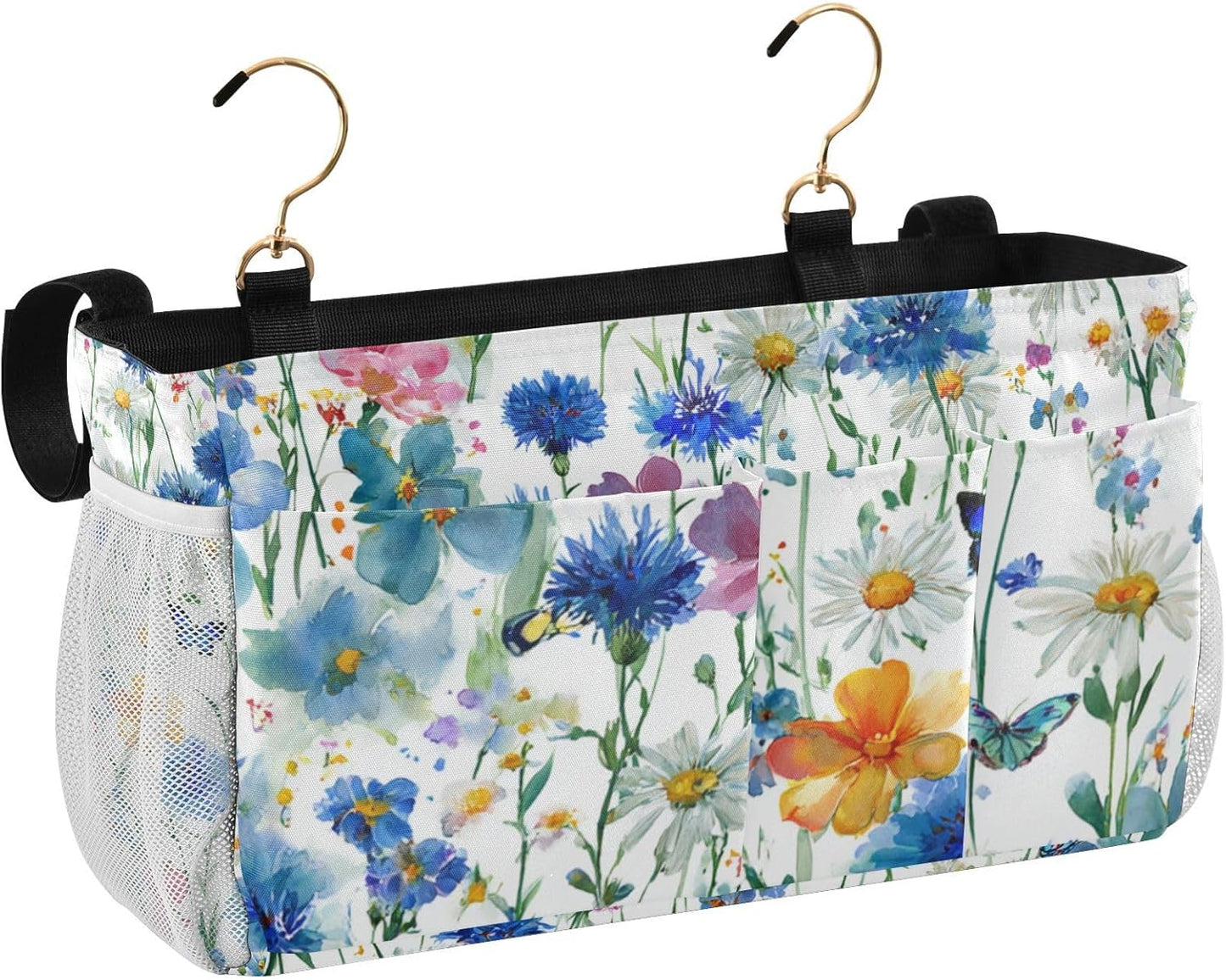 Watercolor Cornflower Daisy Bedside Caddy for Dorm Bed Bedside Hanging Caddy Bag Iron Frame Storage Organizer Pocket for Bunk Home College Hospital Beds 2 Hooks