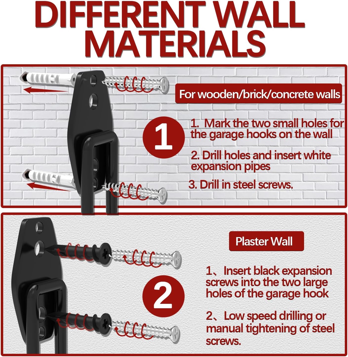 3-H Garage Wall Hooks 42 Pack, Heavy Duty Garage Hooks with Extra Welding Spots, Wall Mount Storage Organizer for Hanging Garden Lawn Tools, Ladder, Bike, WeedEater, Chair, Shovel, Blower (Red)