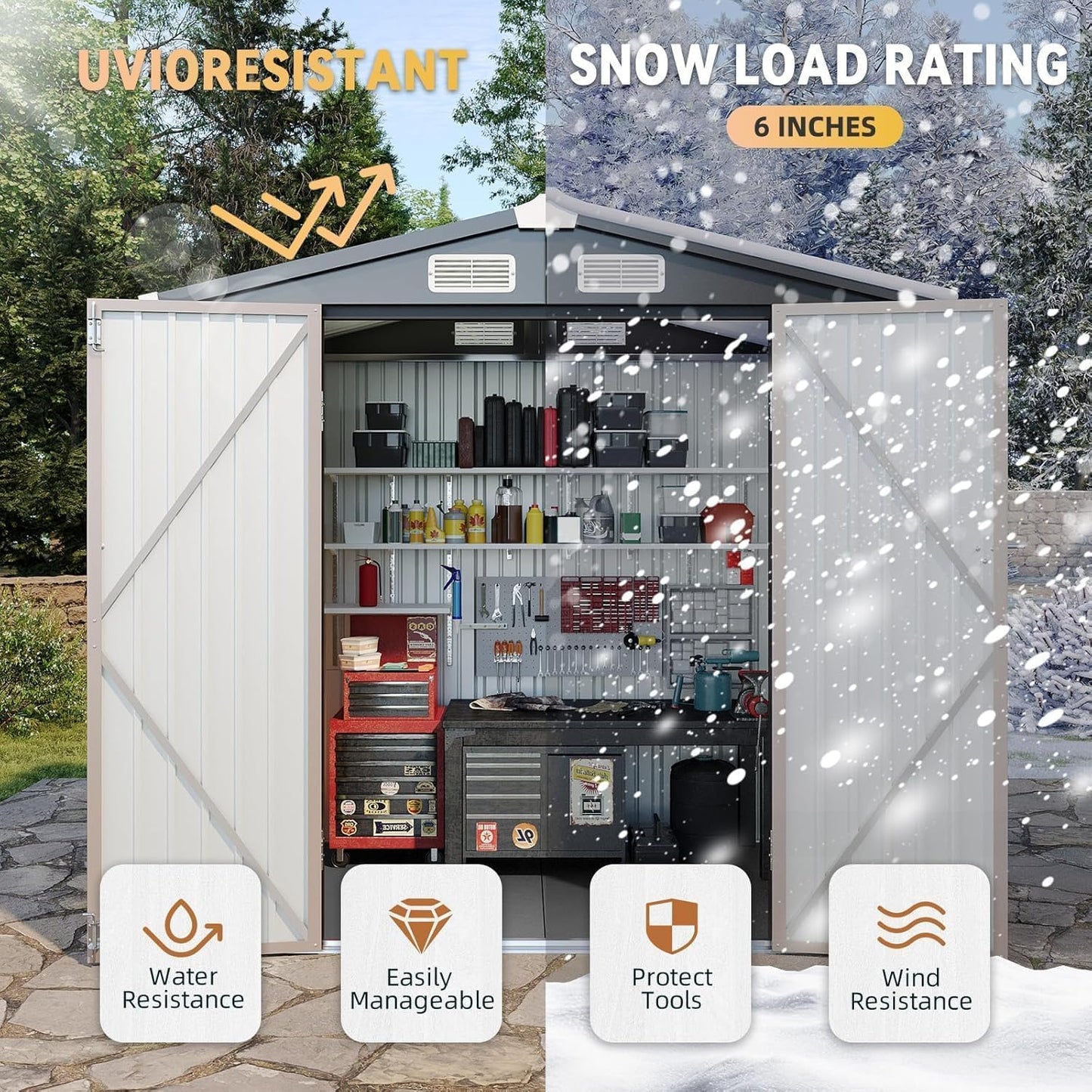 Aoxun 6' x 8' Storage Shed Outdoor Steel Garden Utility Cabinet with Lockable Door Waterproof & Rust-Proof for Yard, Patio, Backyard, Garden (Brown)