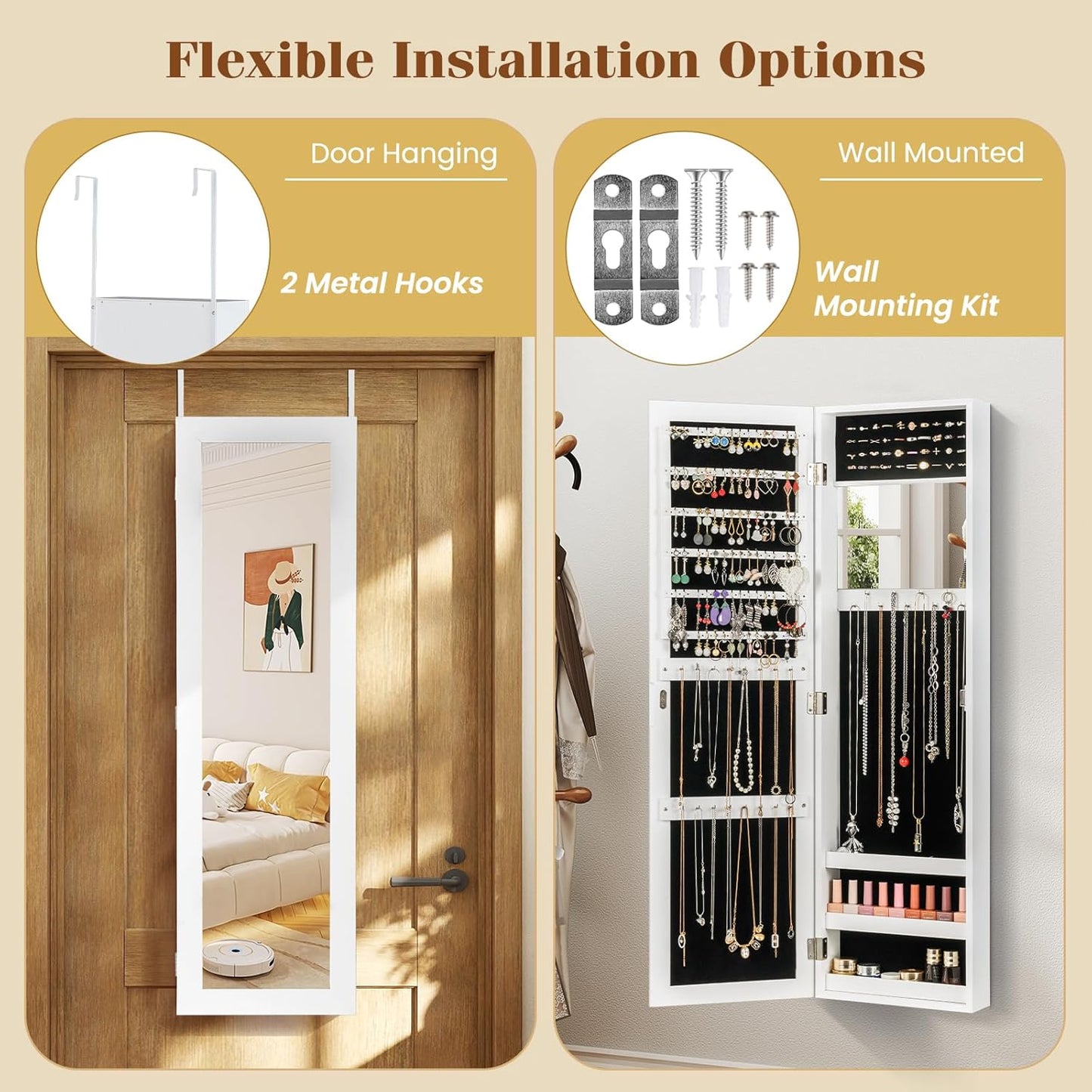 Giantex Wall Mounted Jewelry Cabinet with Full Length Mirror, Over The Door Jewelry Armoire Organizer with Large Storage, Makeup Mirror & Velvet Lining (White)