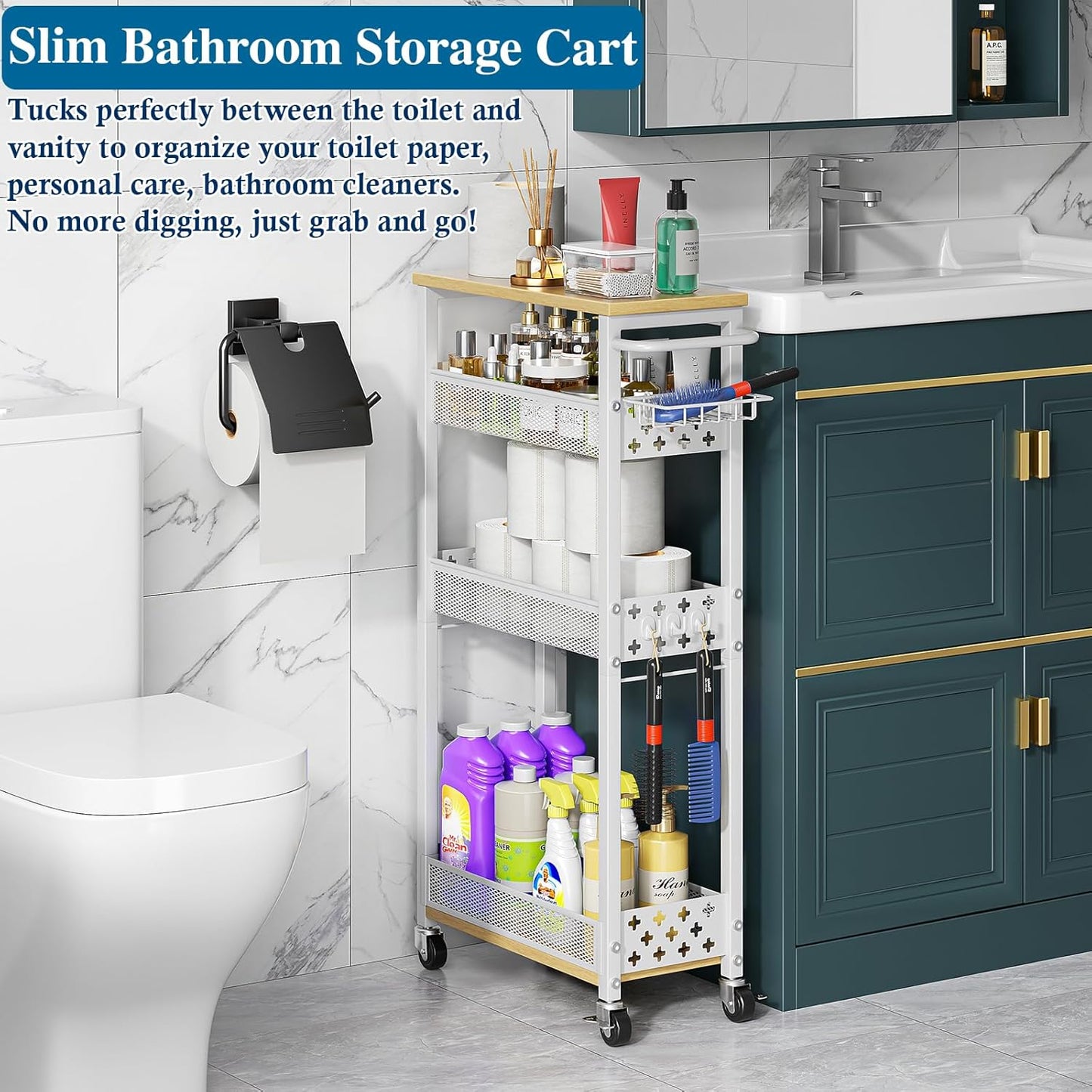 Rolling Slim Storage Cart, 4-Tier Narrow Bathroom Laundry Room Organization Cart, Metal Kitchen Storage Mobile Shelf Unit Organizer with Wood Top, Slim Utility Cart with Wheels for Small Space