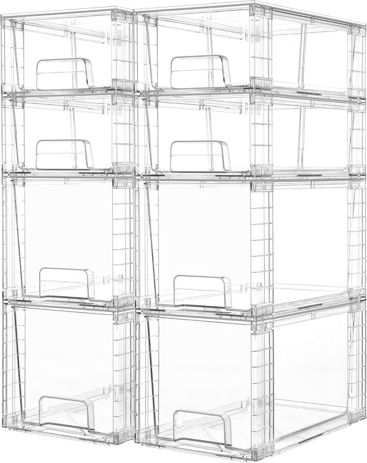 Vtopmart 8 Pack Clear Stackable Storage Drawers,Easy to Assemble Bathroom Organizers and Storage with handles,Plastic Drawers for Kitchen Pantry,Cabinet,Under Sink Organization