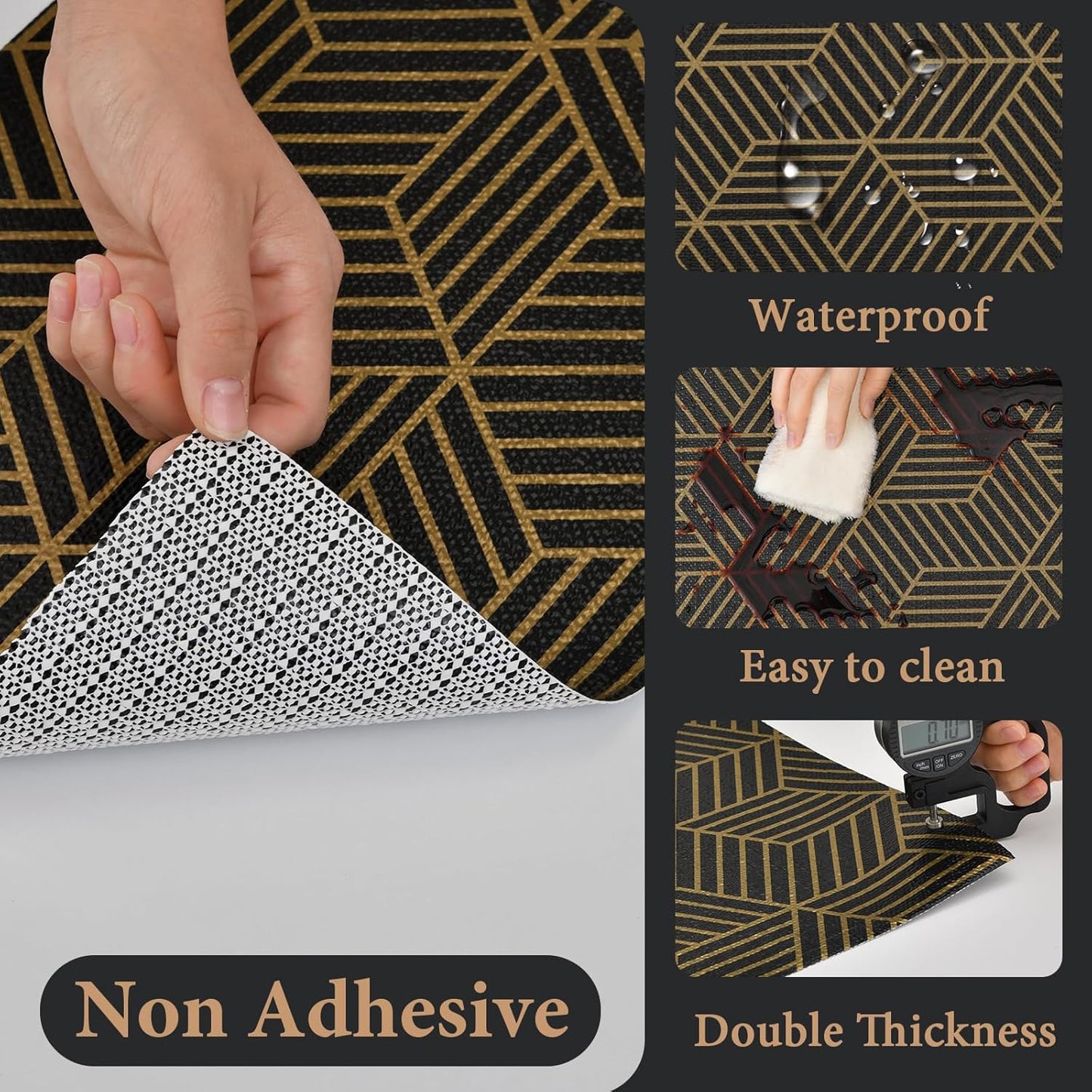 Shelf Liners for Kitchen Cabinets 12in x 20FT, Non Adhesive Cabinet Liner Strong Non-Slip Black Gold Geometric Drawer Liner, Easy to Clean for Shelf, Cabinet with Knife and Tape Measure