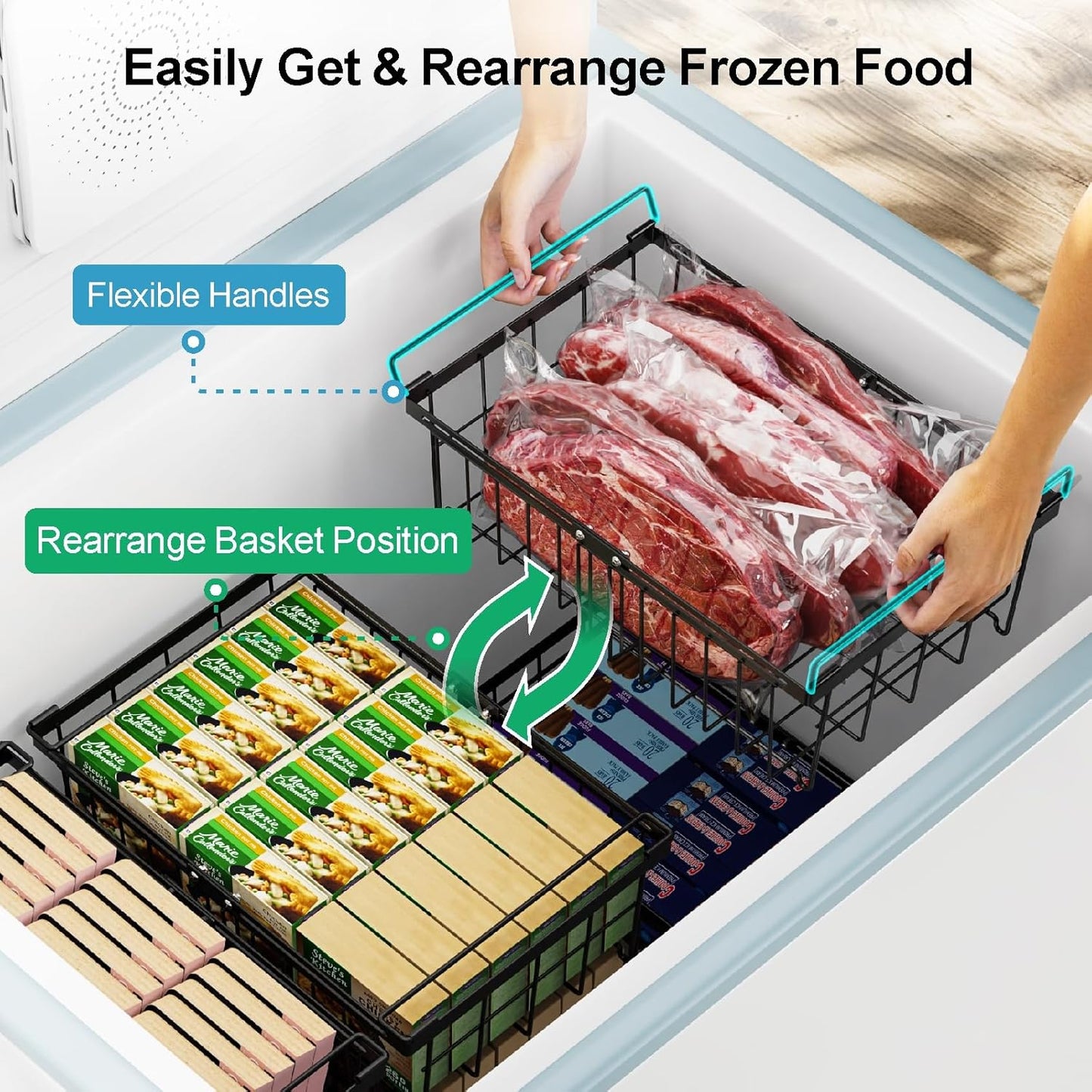 iSPECLE Freezer Organizer Bins - Fit 10 to 20 Cu.FT Chest Freezer, 4 Pack Expandable Stackable Large Deep Freezer Organizer Bins Sort Food, Easily Get Food from Bottom Better Ventilation, Black