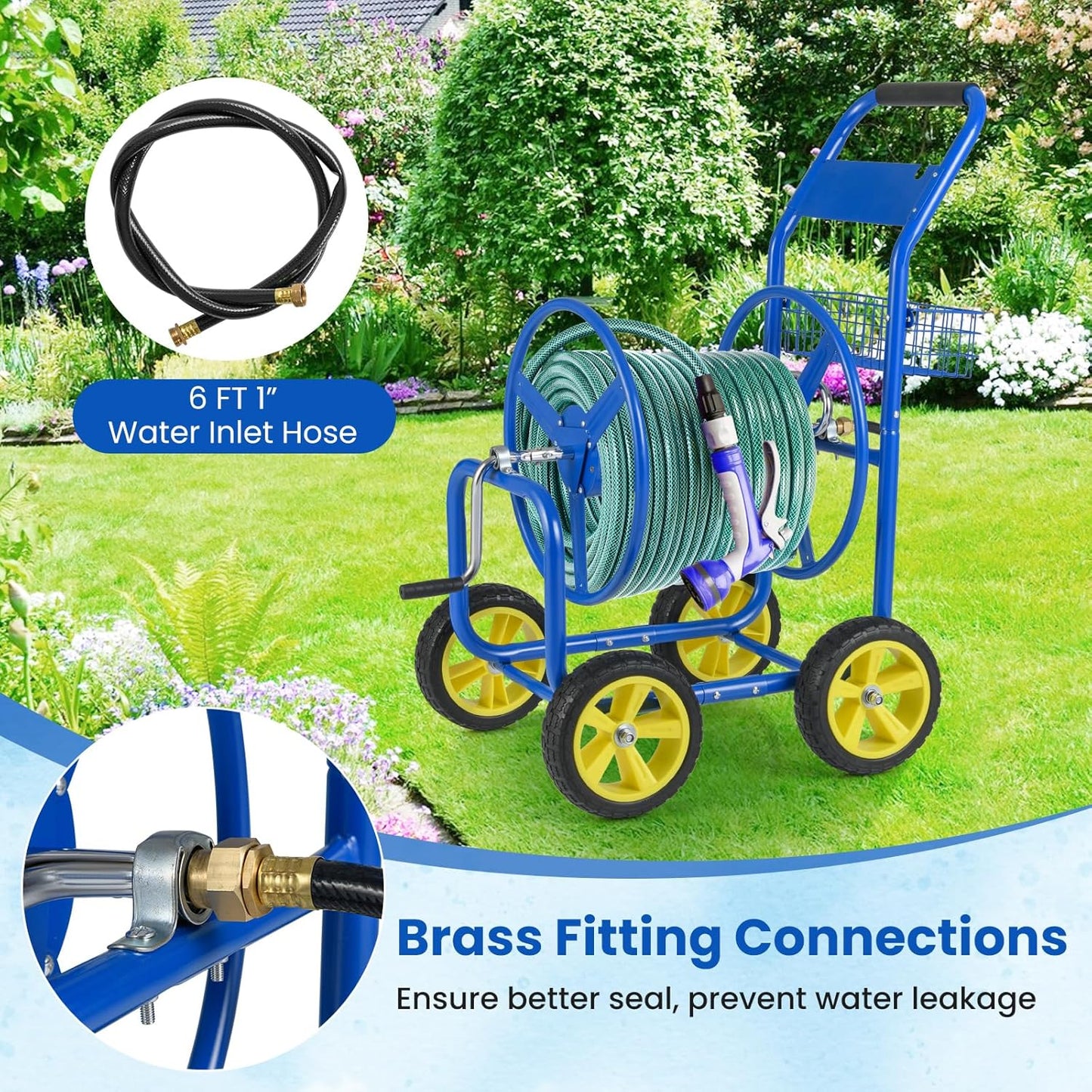Goplus Garden Hose Reel Cart, 300 FT of 5/8" Large Capacity, Heavy-Duty Metal Hose Cart w/ 4 Wheels, Storage Basket, Portable Water Hose Organizer for Outside Yard, Outdoor Planting Tool (Green)