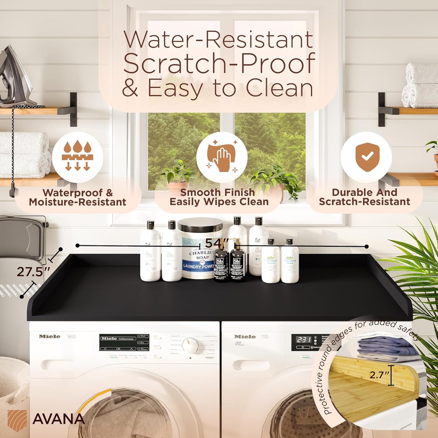 Avana (100% Natural Solid Wood Washer Dryer Countertop – Black Pine Laundry Countertop with Raised Edges, 54” x 27.5” Counter Top for Washer and Dryer, Laundry Room Organizer & Tabletop