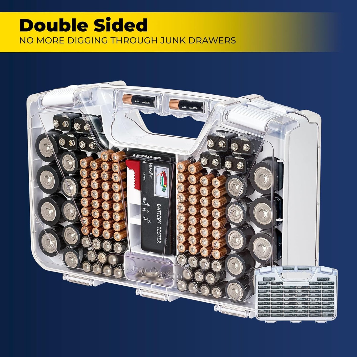Ontel Battery Daddy Storage & Organizer Case with Tester, Stores & Protects Up to 180 Batteries, Double-Sided, Durable Design with Clear Locking Lid, Secure Latches & Portable Carrying Handle - White