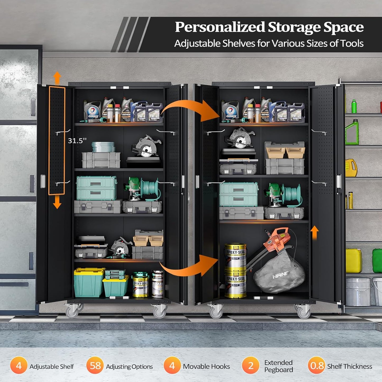 VINGLI 72'' Tall Garage Storage Cabinet, Metal Storage Cabinet with Pegboards, Wheels, Locking Doors and Adjustable Shelves (Black, 32''W x 16''D x 72''H)