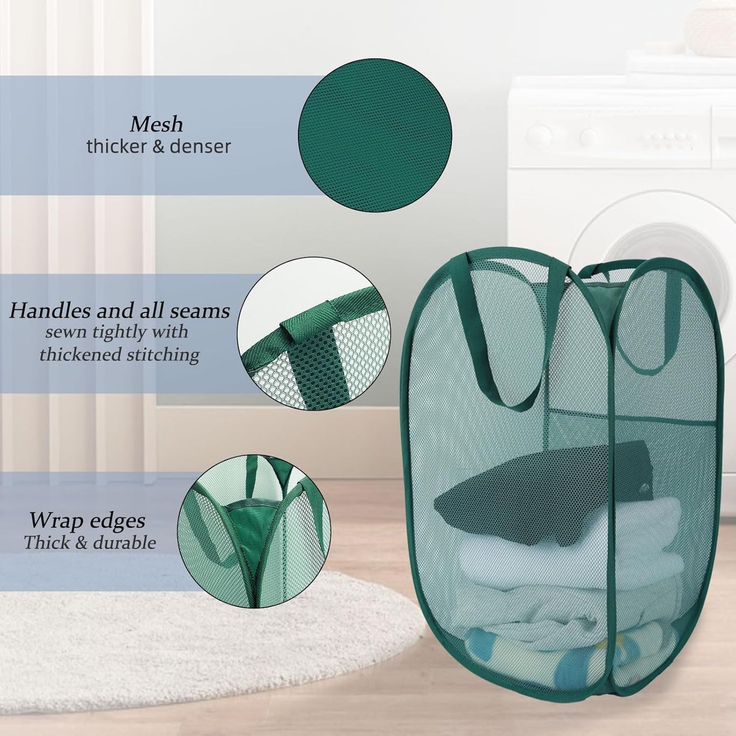 Upgraded 100L Extra Large Mesh Pop Up Laundry Basket With Handles, Light Breathable, Fold Compact, Large Hold Portable Foldable Dirty Clothes Basket For Bedroom, Laundry Room, Dorm, Hotel, Green.V