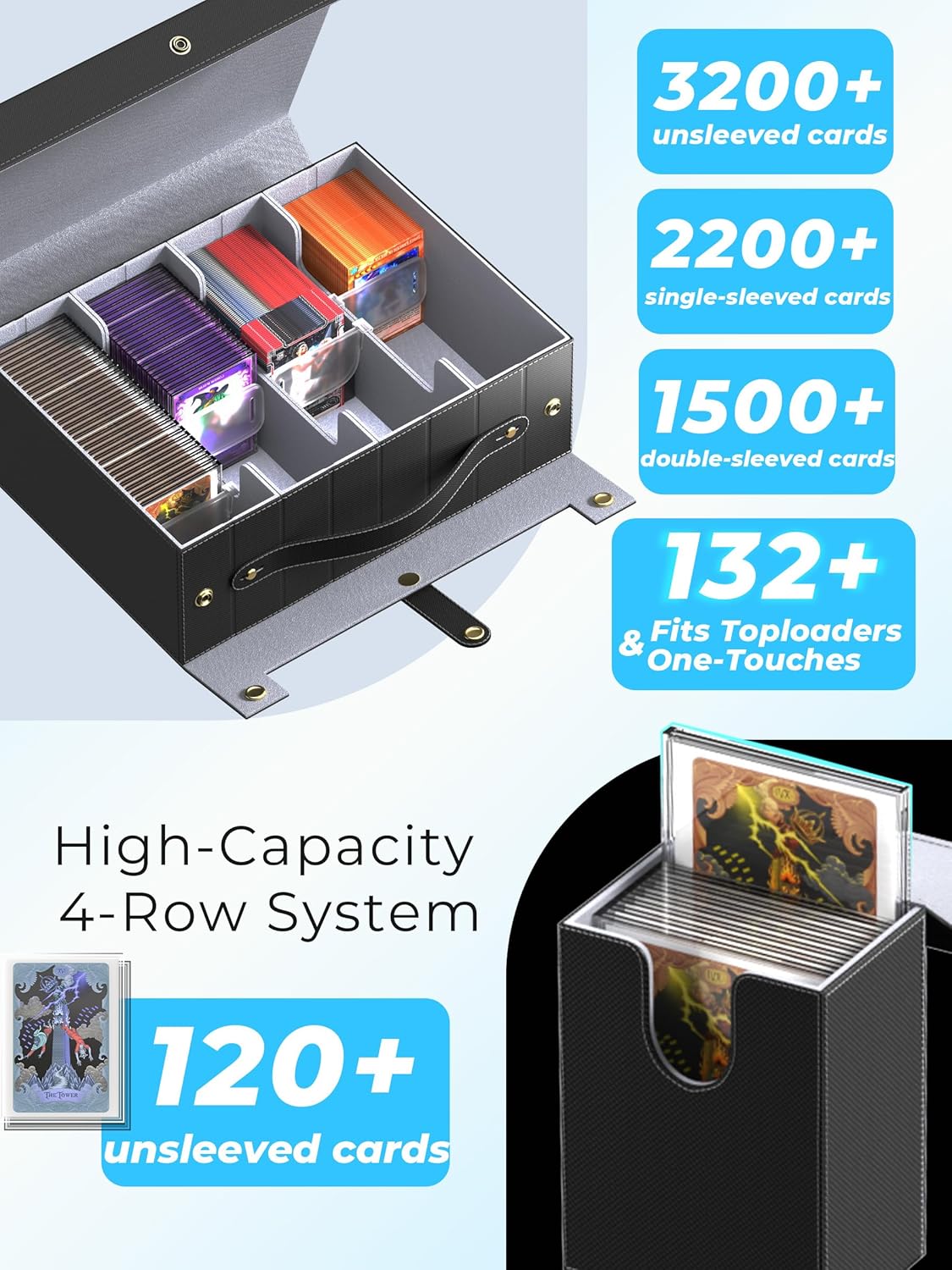 Top Loader Compatible Trading Card Storage Box with Handle, Small Case & Dividers - 2000+ Capacity Magnetic Deck Box for MTG Commander, for TCG, Sports Cards & Collectibles, Black Grey