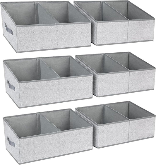 DIMJ Large Closet Shelf Organizer Bins 6 Packs with Handles and Divider, Fabric Trapezoid Storage Baskets, Foldable Clothes Containers Box for Shelf, Towel, Book, Toy, Purse, Hats, Grey