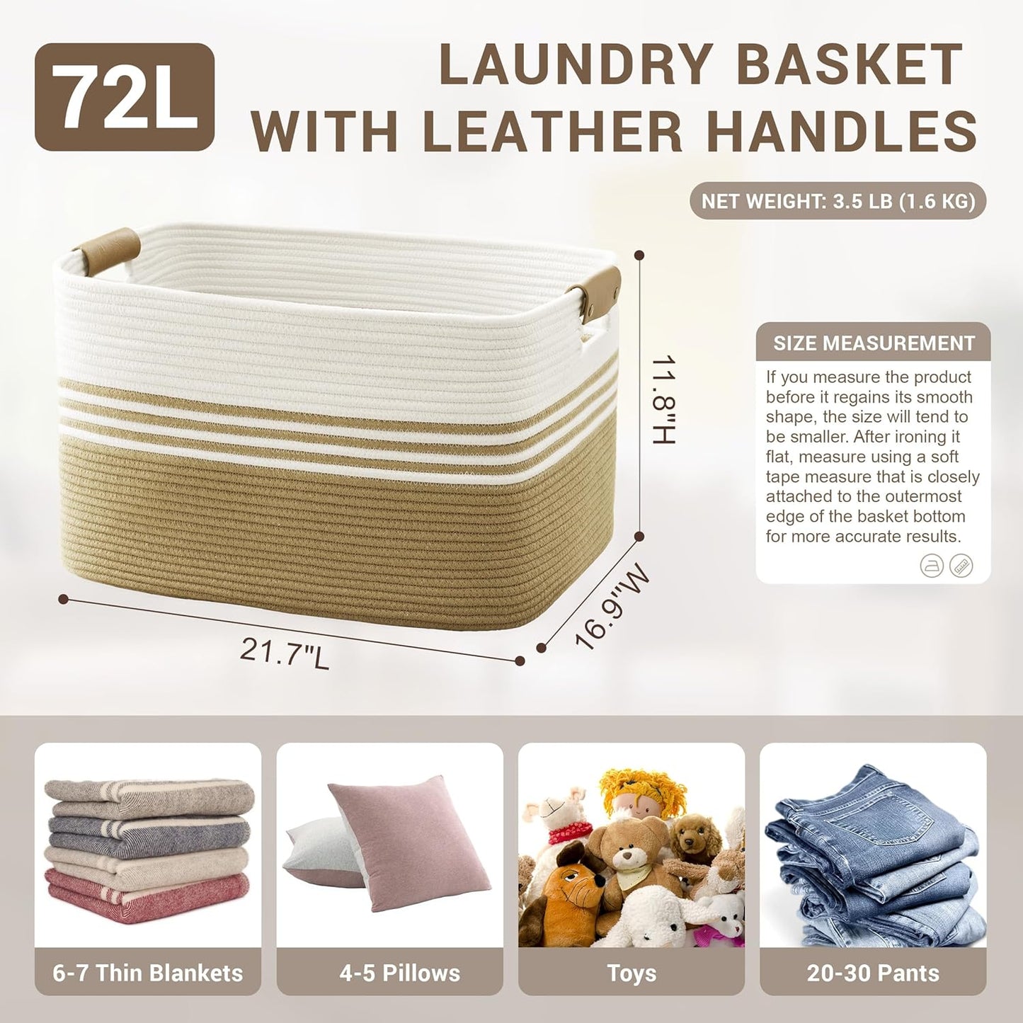 72L Large Laundry Basket with Leather Handles for Living Room Storage, Woven Rope Baskets Bin for Blanket, Kids Toy, Gifts, Wicker Hamper for Bedroom Dirty Clothes, 22"x17"x12" Khaki