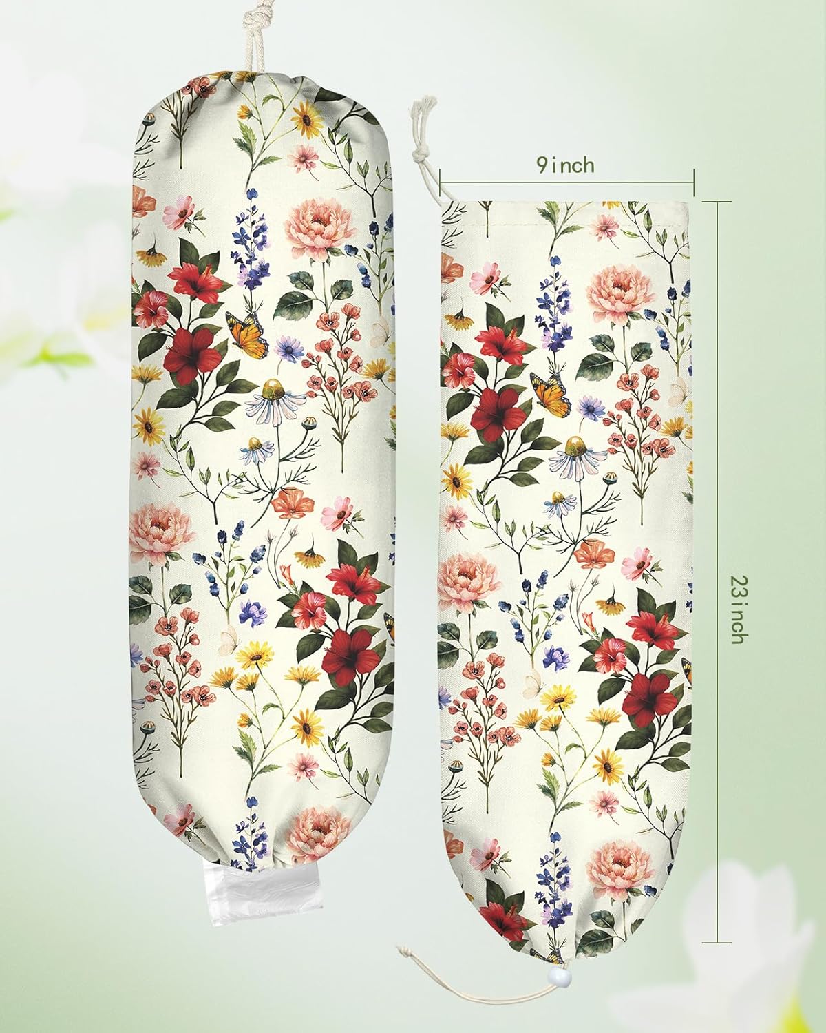Plastic Bag Holder, Grocery Bag Organizer - 1 Pack Cute Kitchen Dispenser Holders Reusable Shopping Western Hanging Wall with Adjustment Drawstring Closure for Women Home, Floral