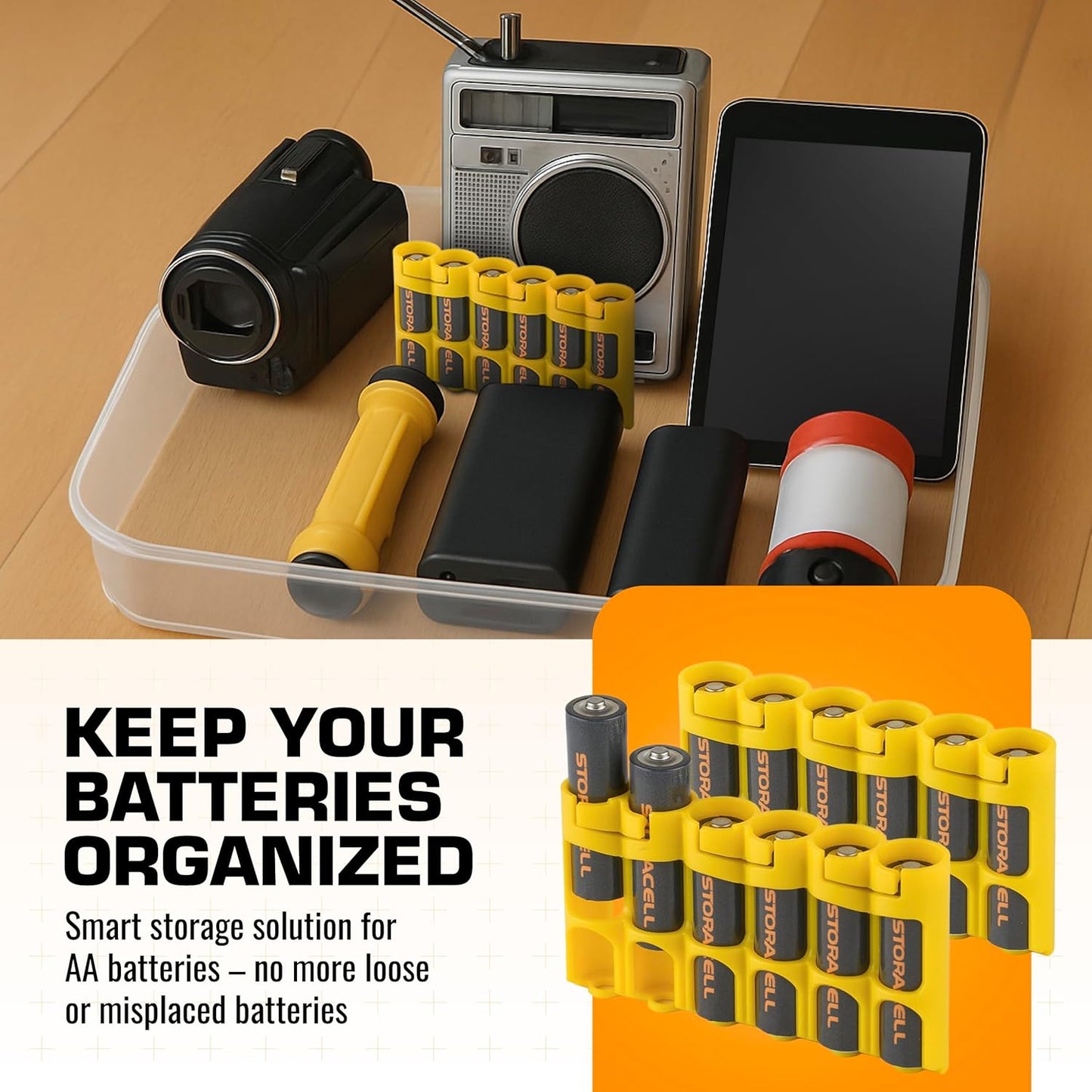 Storacell Slimline AA-6 Battery Storage Caddy and Dispenser (Pack of 2), Yellow, Holds 6 AA Batteries (Not Included), Durable & Compact Design, The Original Battery Caddy, Made in The USA