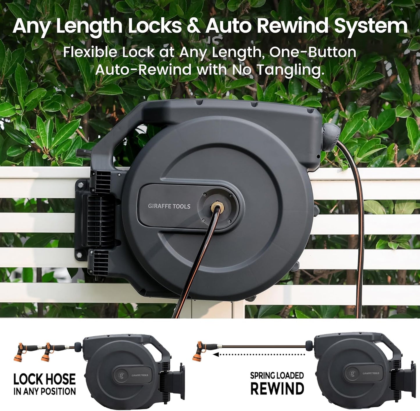 Giraffe Tools AW505/8 Retractable Garden Hose Reel 5/8" x 115+5 ft, Heavy Duty Wall Mounted Water Hose Reel Automatic Rewind, 180 Deg Swivel Bracket, Slow Retraction, 115ft, Dark Grey