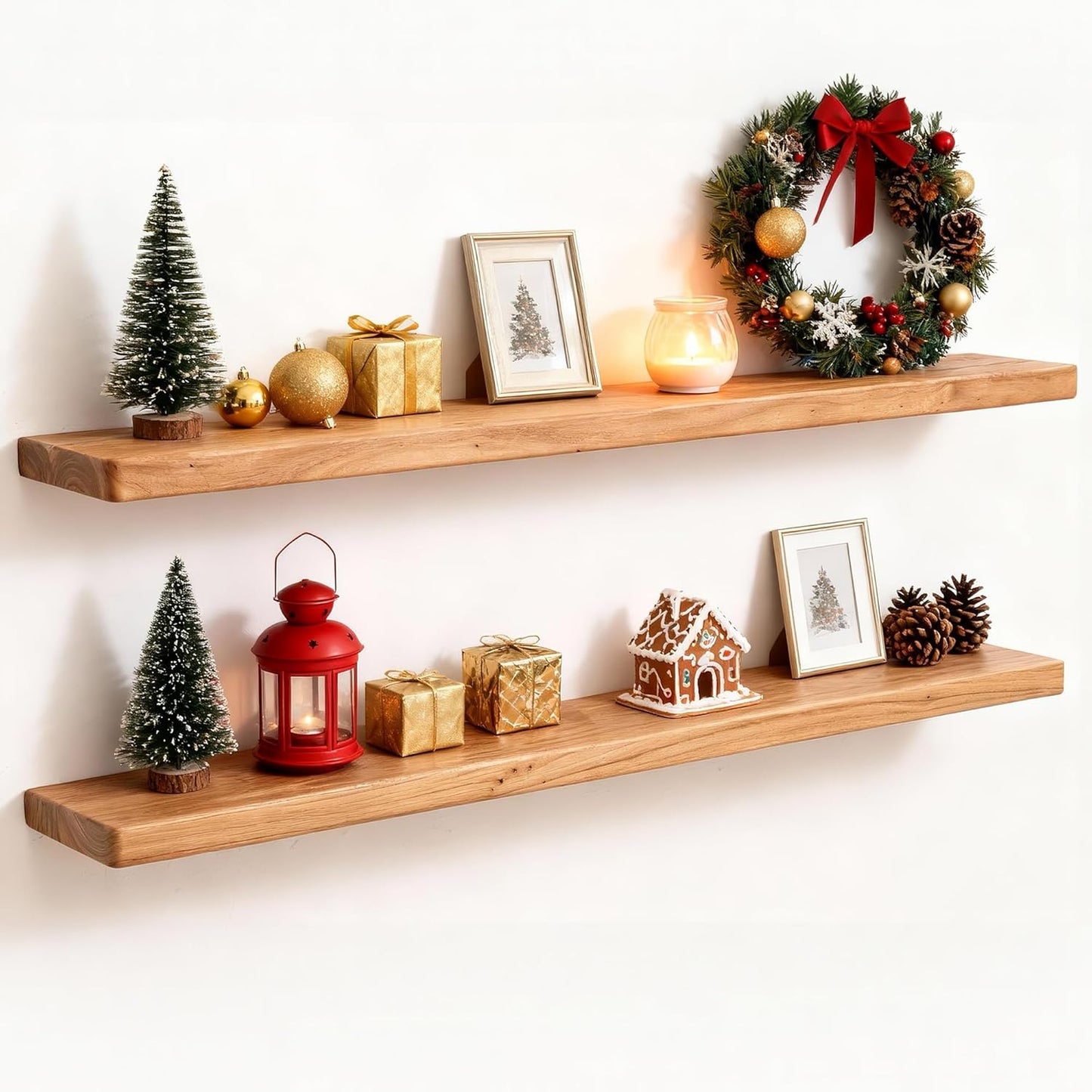 Fun Memories 36 Inch Floating Shelves for Wall, Solid Elm Wood Wall Shelf for Home Decor, Heavy-Duty Hardwood Floating Shelf for Bedroom, Bathroom, Living Room, Set of 2