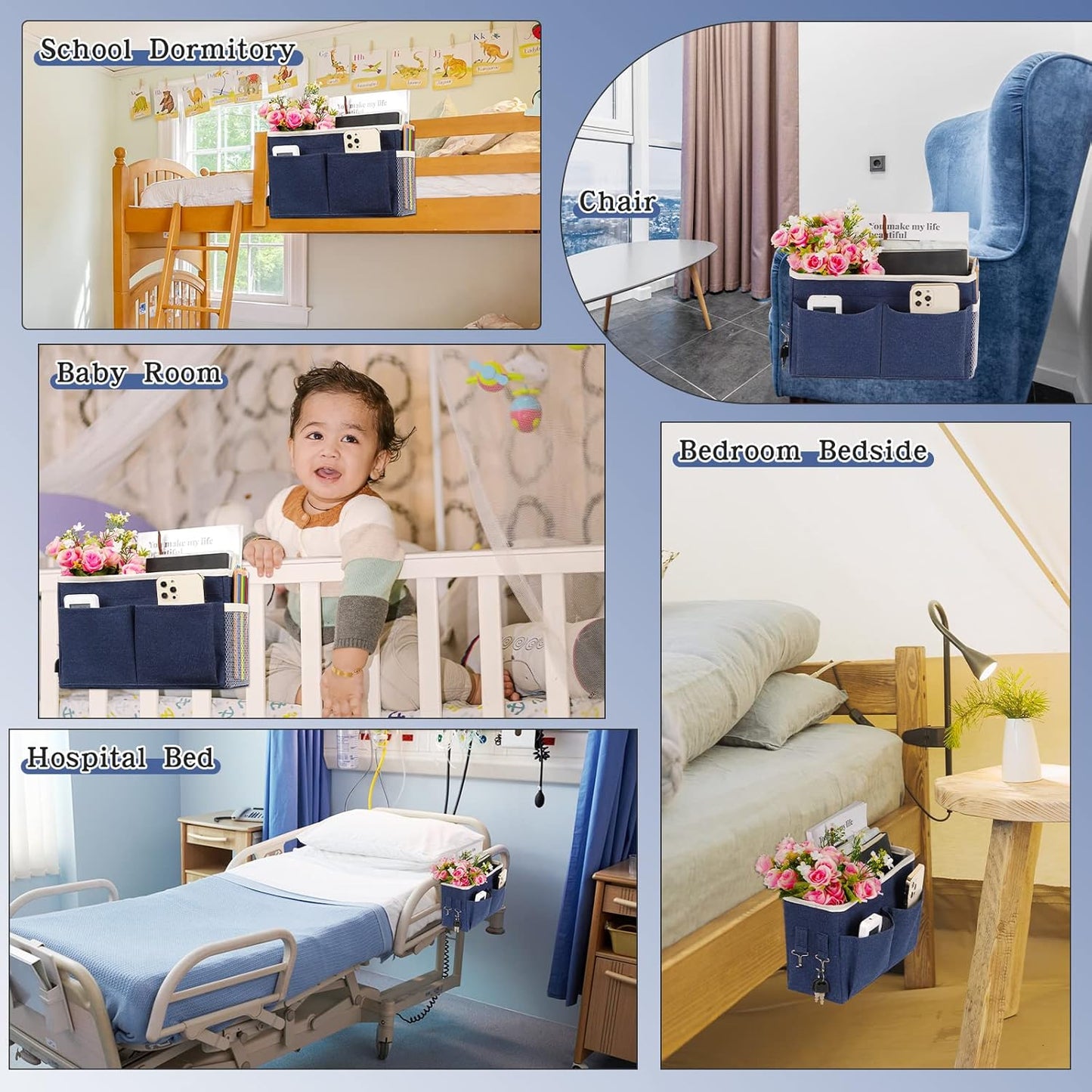 Bedside Caddy Bedside Storage Organizer Hanging Bunk Bed Dorm Room with Side Pockets for Water Bottles, Books, Cell Phones, Headphones (Dark Blue)