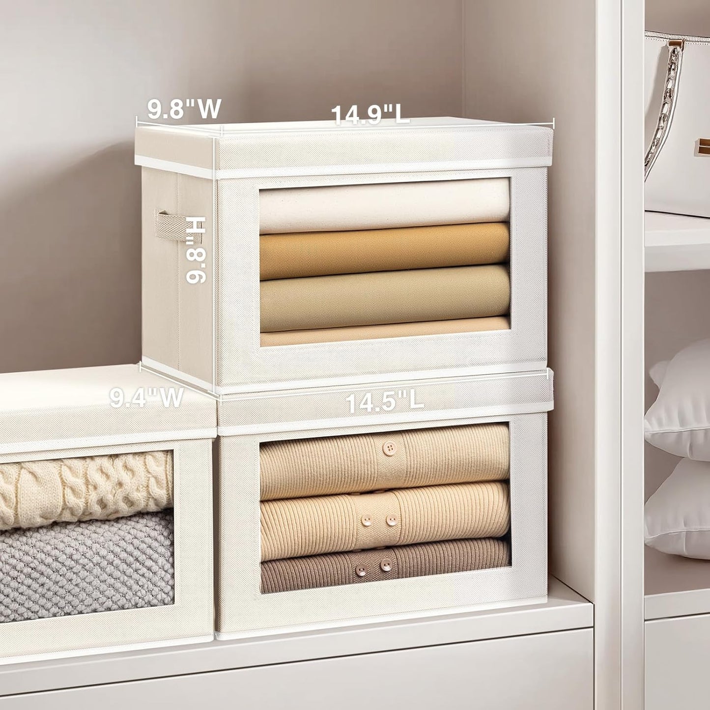 Fabric Storage Bins with Lids, Storage Cubes with Window, Decorative Storage Boxes Baskets for Organizing, Closet Organizer Storage Bins for Home, Office, 3 Packs, Beige