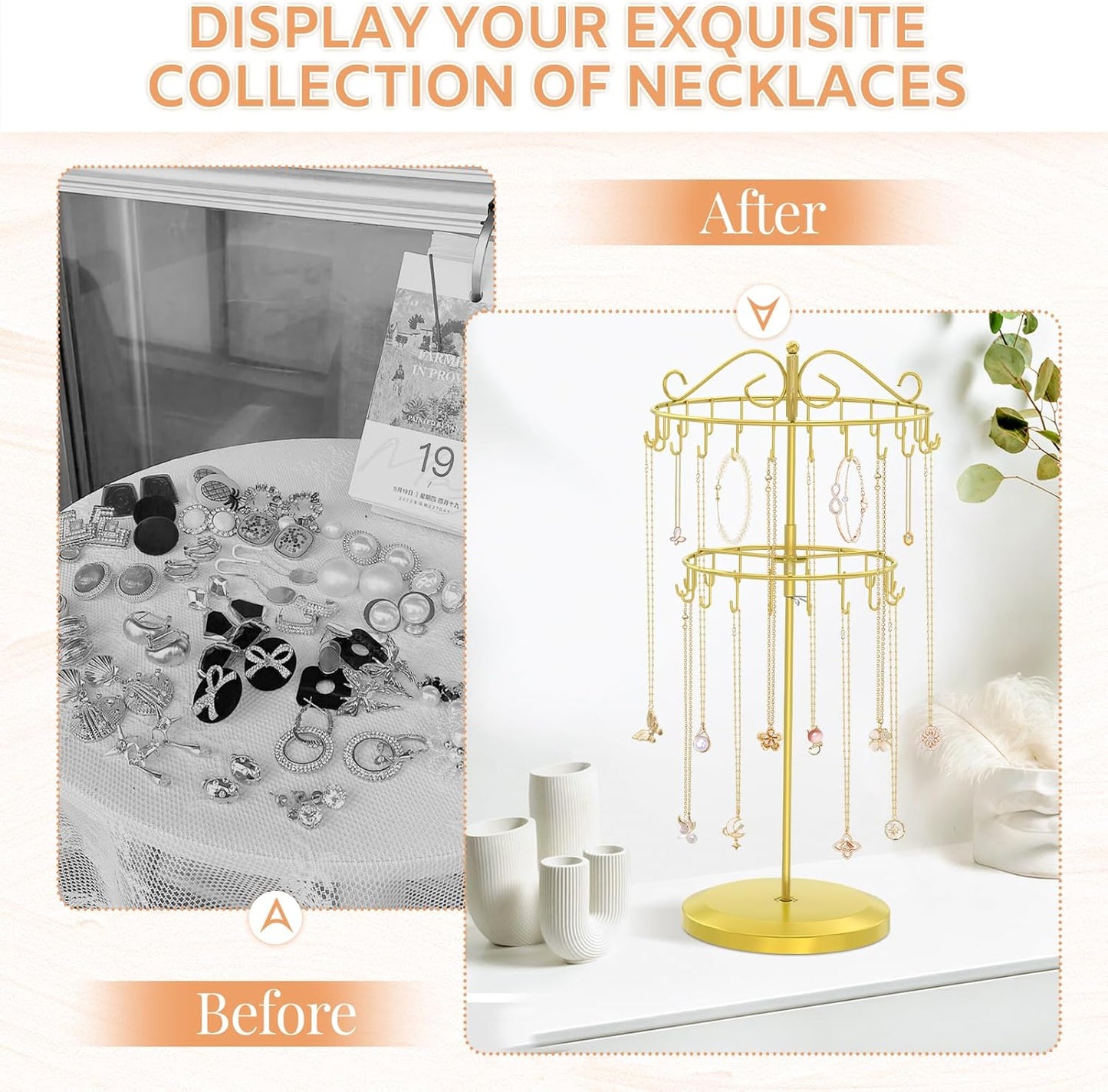 iDavosic.ly 2 Tier Rotating Necklace Holder Organizer with 42 Hooks, Adjustable Metal Bracelet Display Stand Rack, Extra Tall Keychain Spinning Tree Tower for Women, Gold