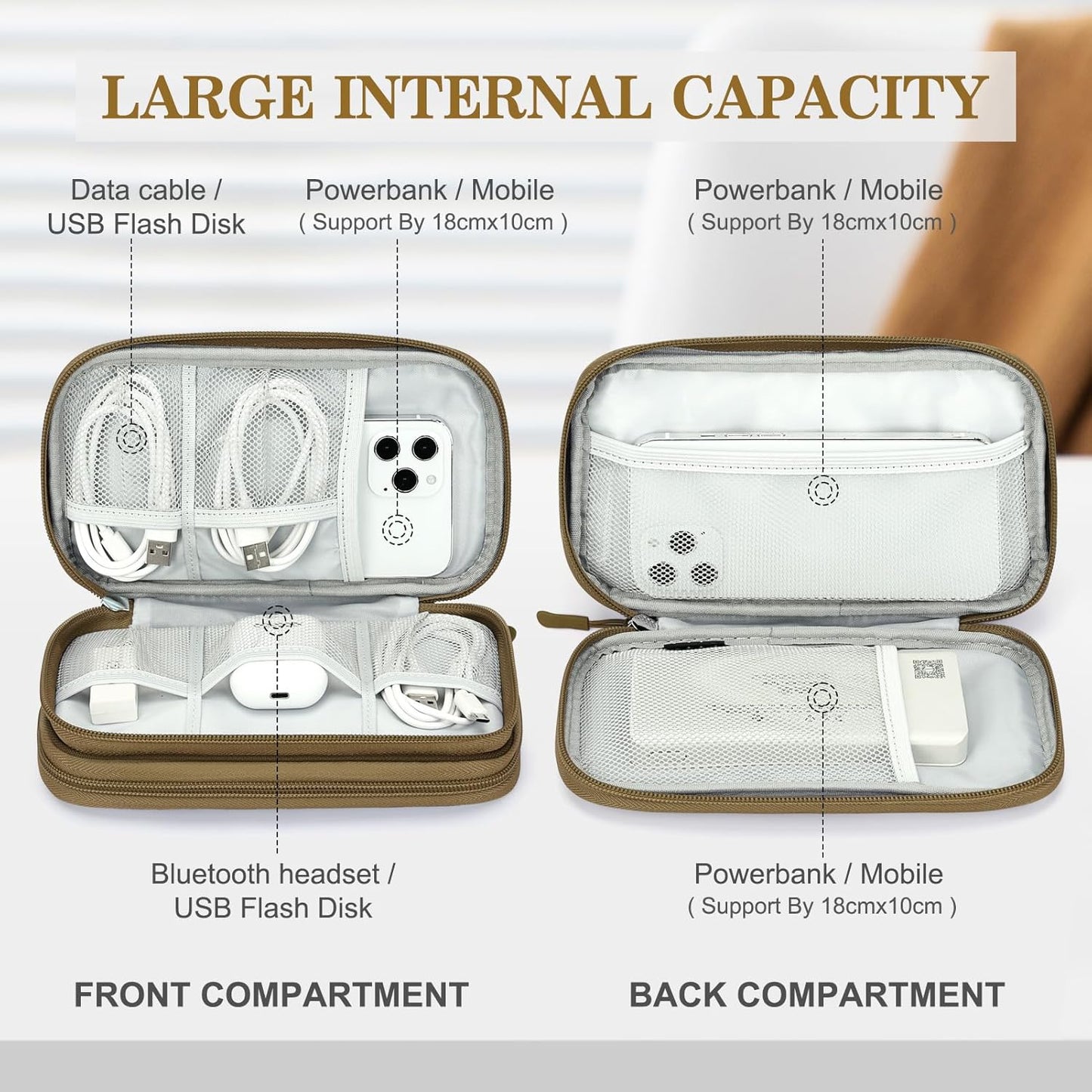 FYY Electronic Organizer, Travel Cable Organizer Bag Pouch Electronic Accessories Carry Case Portable Waterproof Double Layers Storage Bag for Cable, Charger, Phone, Earphone, Medium Size- Brown
