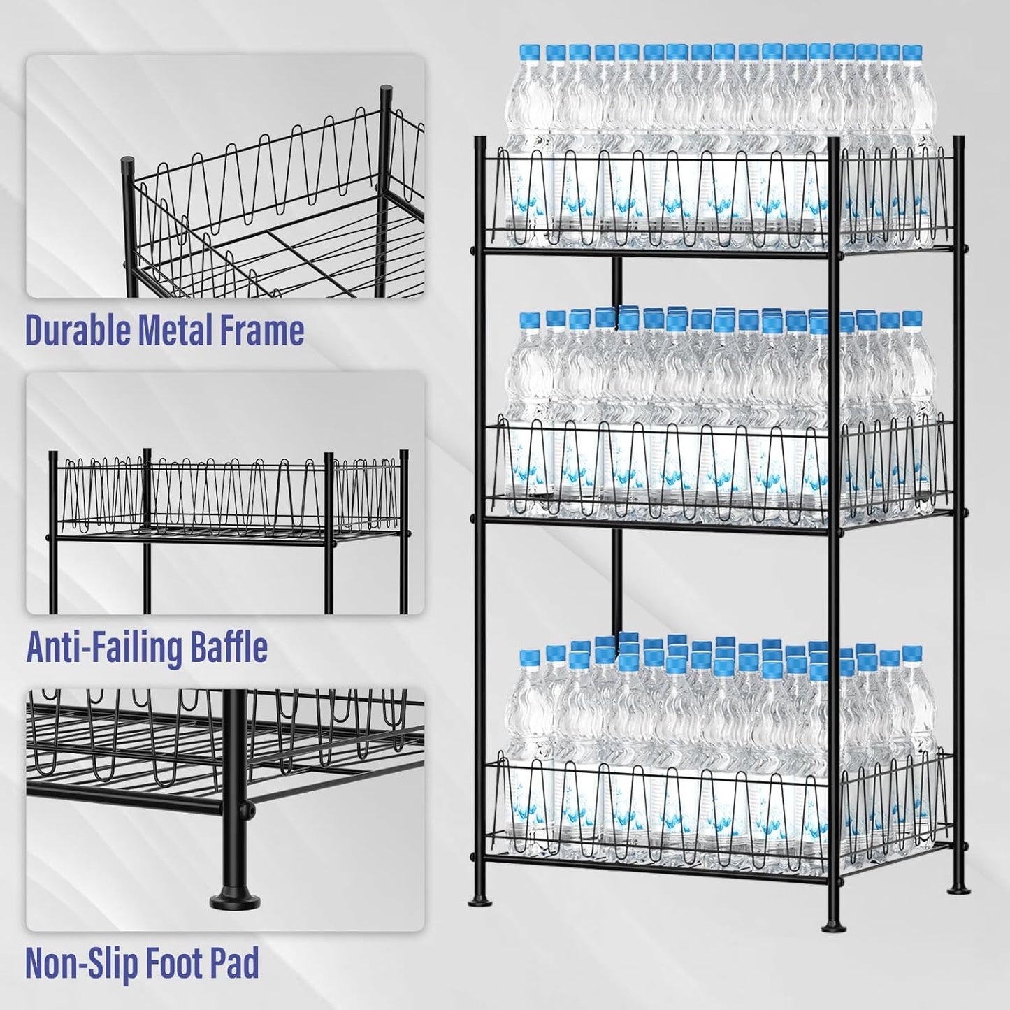 smusei 3 Tier Drink Organizer for Pantry Water Bottle Storage Rack, Multifunctional Drink Storage Free Standing Bottled Water Holder Beverage Soda Can Tumbler Dispenser Stand for Kitchen