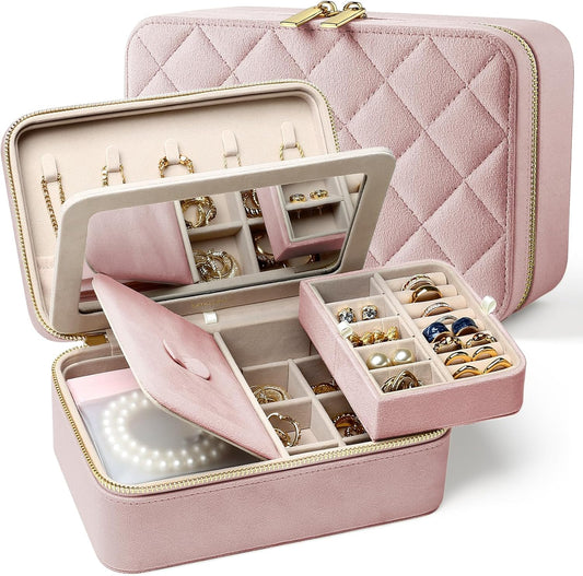 Velvet Travel Jewelry Box with Large Mirror, Double-Layer Jewelry Organizer Case for Women and Girls, Portable Storage Case with 6 Anti-Tarnish Bags Gift Ready for Her (Blush Pink)
