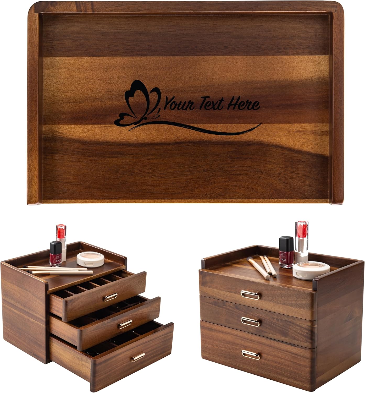 Shanik Personalized Wooden Jewelry Box for Women – Large Three-Drawer Organizer with Compartments for Rings, Necklaces & Earrings