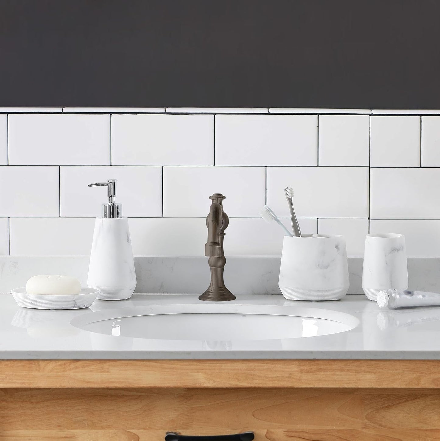 4 Piece Modern Bathroom Accessory Set with Marbled Style and Geometric Design Includes Lotion Dispenser, Toothbrush Holder, Tumbler, Soap Dish (Mordern Style Marble)