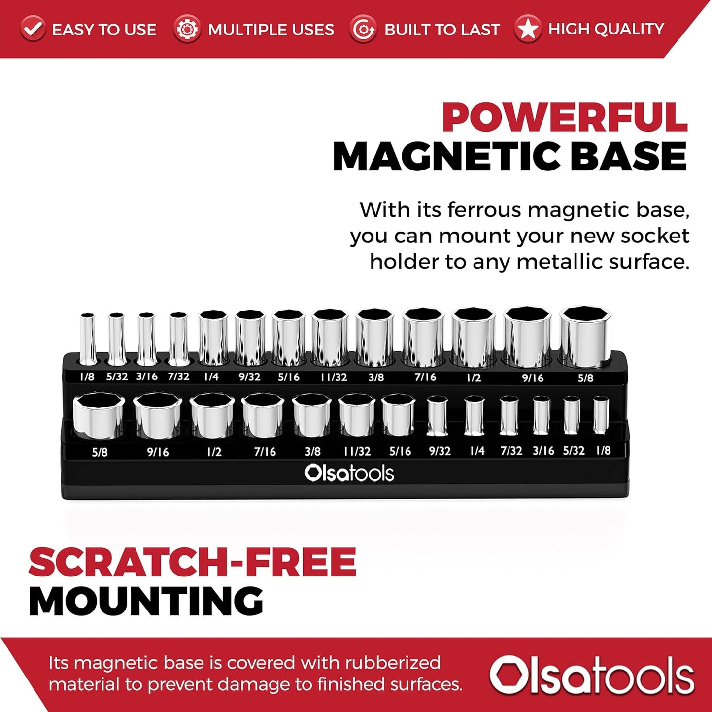 Olsa Tools Magnetic Socket Organizer | 1/4-Inch Drive | SAE | Black | Holds 26 Sockets | Professional Quality Tools Organizer