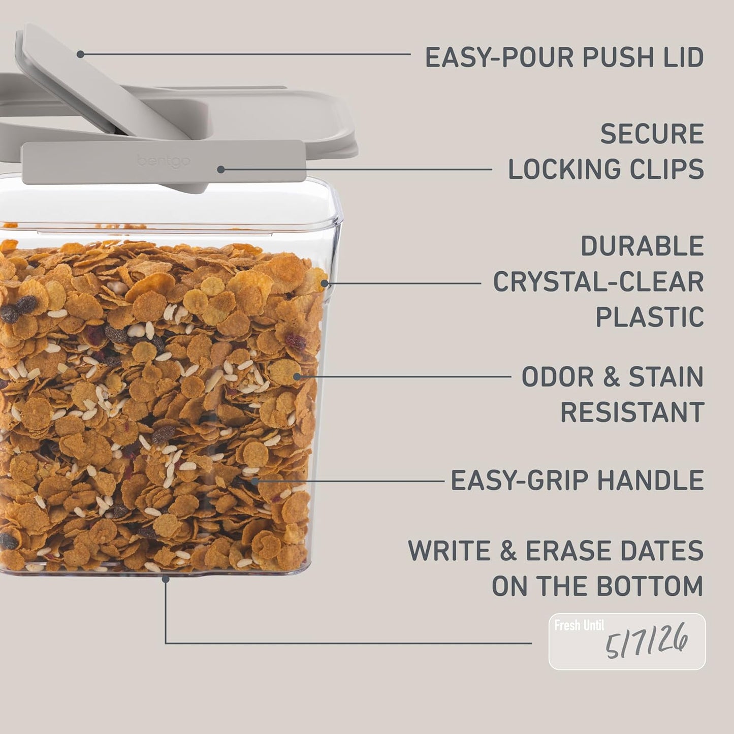 Bentgo Pantry - 6-Piece Airtight Cereal Containers, Easy Push & Pour Lid, Stackable & Clear BPA-Free Storage, Locking Lids for Freshness – Ideal for Kitchen & Pantry Organization (White Stone)