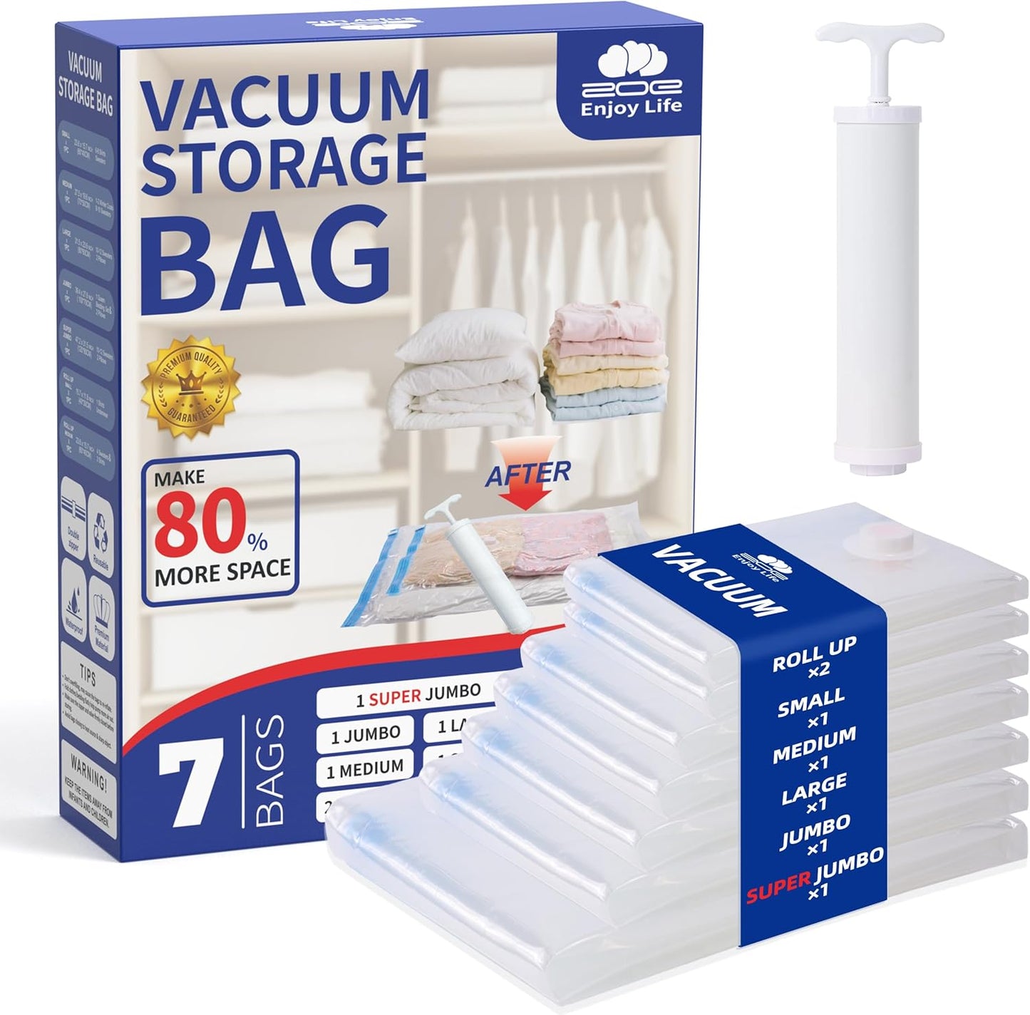 Vacuum Storage Bags for Clothing Travel,7 Pack Vacuum Bags with Pump,Space Saver Bag for Clothes Travel & Home (2 Roll Up Bags,1 Small,1 Medium,1 Large,1 Jumbo,1 Super Jumbo)