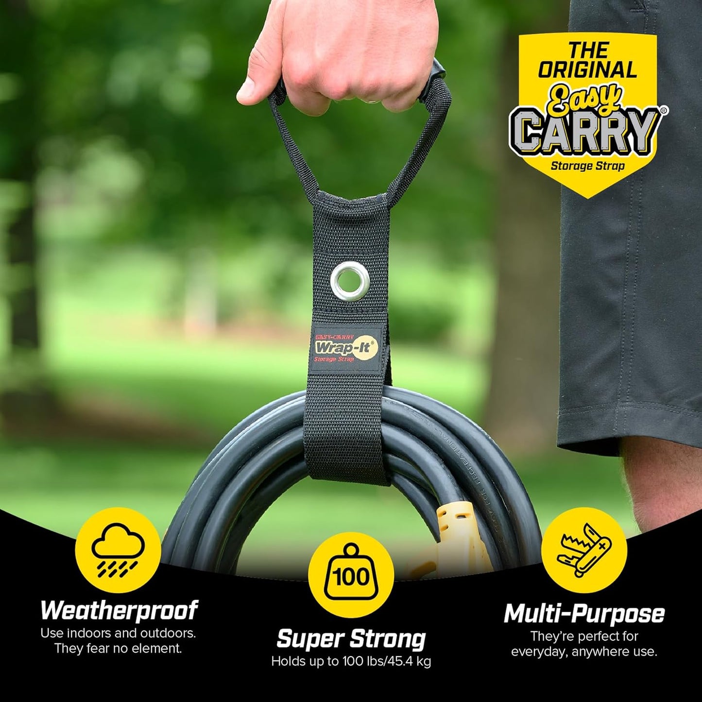 Easy-Carry Wrap-It Storage Straps - 17" (2-Pack) Black with Grommet - Extension Cord Organizer with a Handle for Cable and Hose Storage