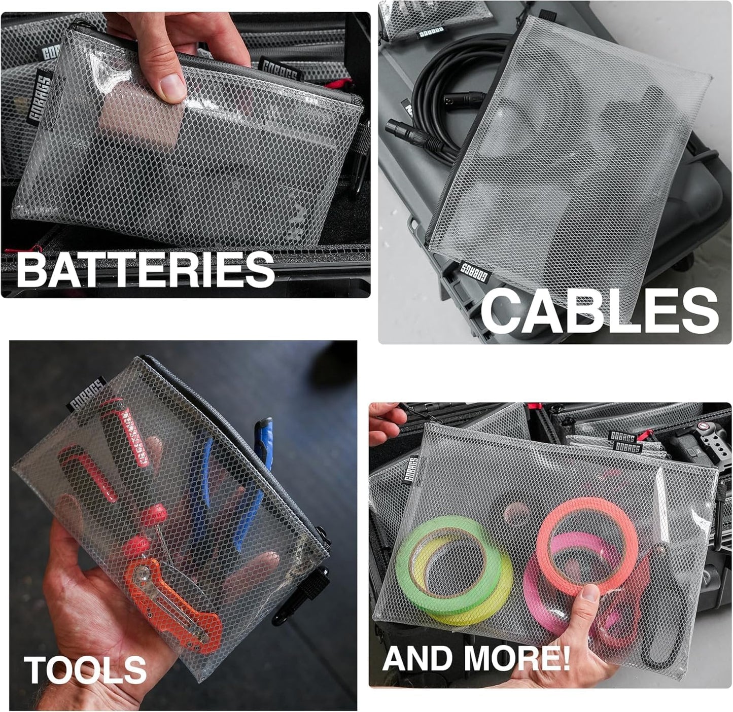 GOBAGS Air Production Large Clear Zipper Pouch (4‑Pack) – Cable Organizer & Travel Gear Bag for Electronics, Camera Accessories, Tool Pouch & Small Tech Storage
