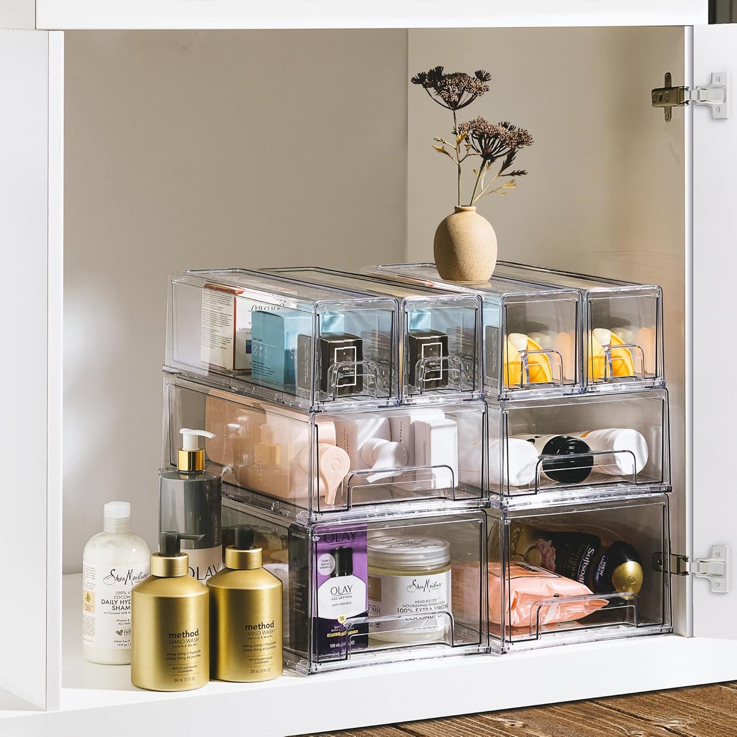 Sorbus 2 Large & 4 Small Clear Stackable Storage Drawers – Plastic Organizer Bins with Handles – Stackable Pull-Out Storage Drawers for Closet, Pantry, Office, Bathroom, Craft, and Toy Organization