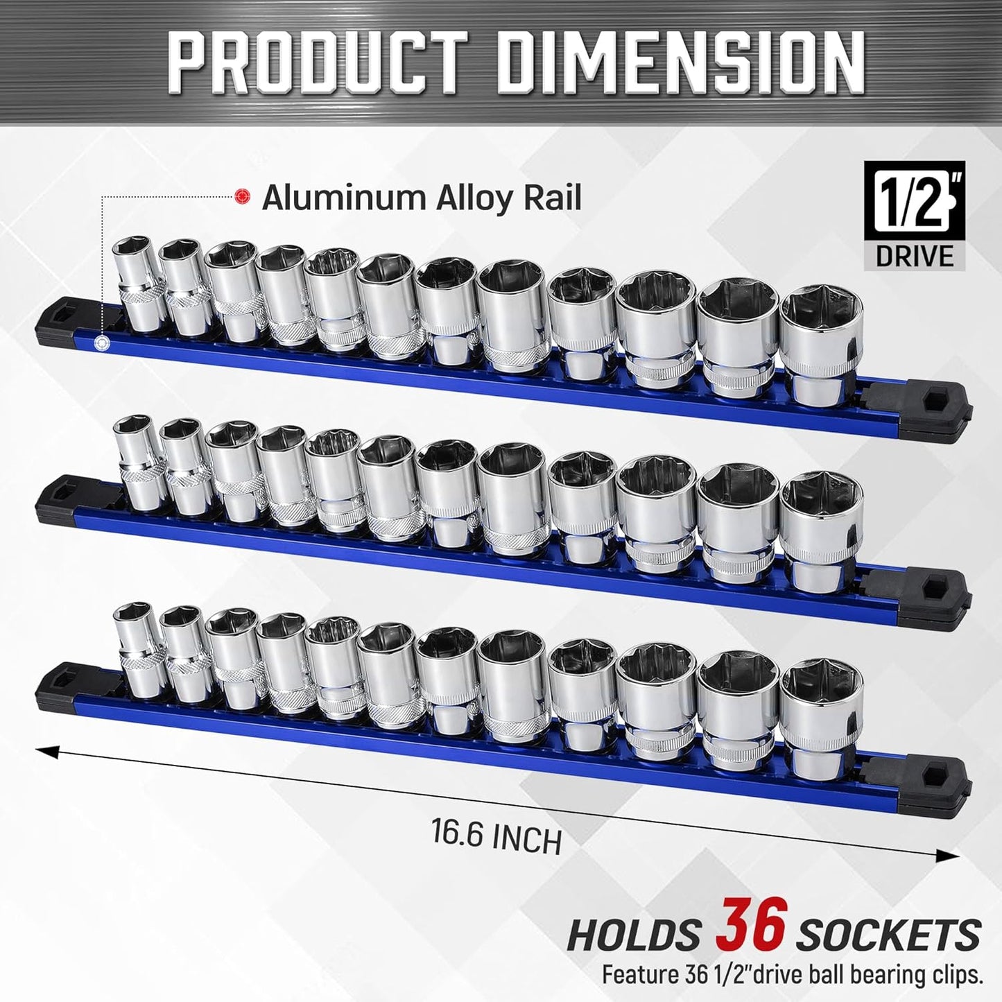 ALOANES 3-Piece Magnetic Socket Organizer, Heavy Duty Aluminum Socket Rails Organizer, 360° Swivel Clips Socket Holder Kit for Tool Box, 1/2-Inch Socket Holder x 36 Clips (Blue)