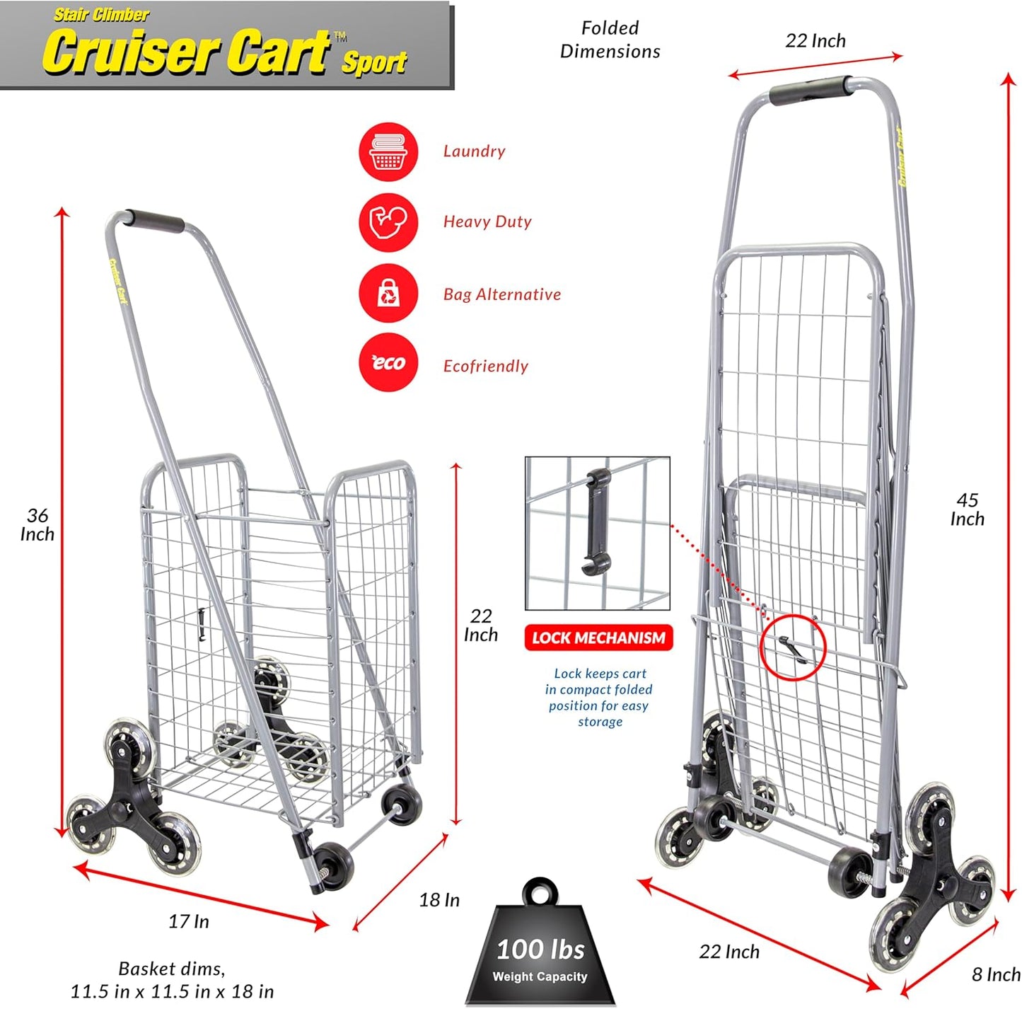 dbest Products Stair Climber Cruiser Cart Sport, Foldable Grocery Cart on Wheels,Multi-Use Collapsible Folding Laundry Basket with Wheels