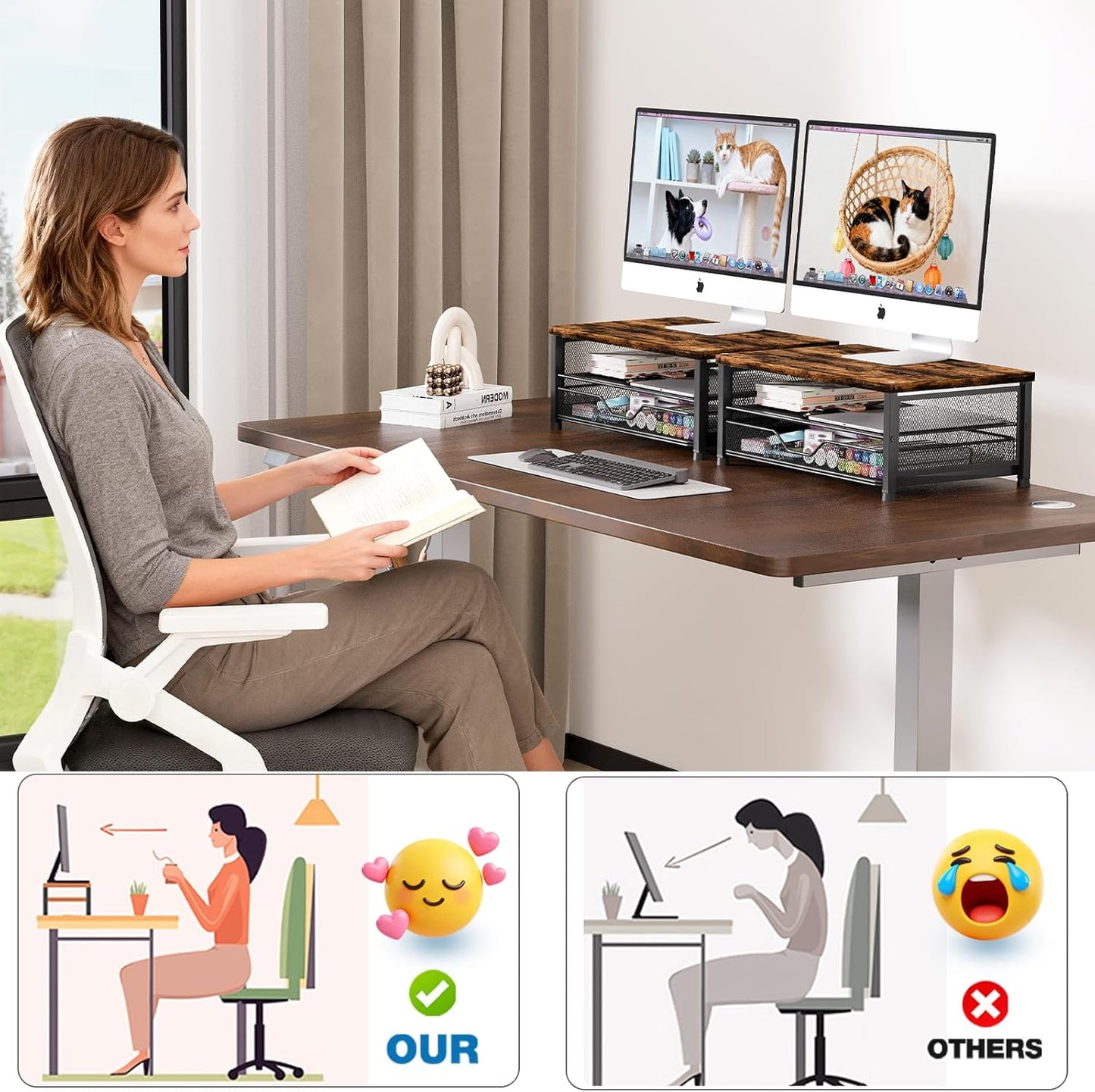 OPNICE Computer Monitor Stand Riser, Desk Organizer with Drawer, Laptop Stand, Office Desk Accessories & Workspace Desktop Organizers Storage for Office Supplies(Brown)