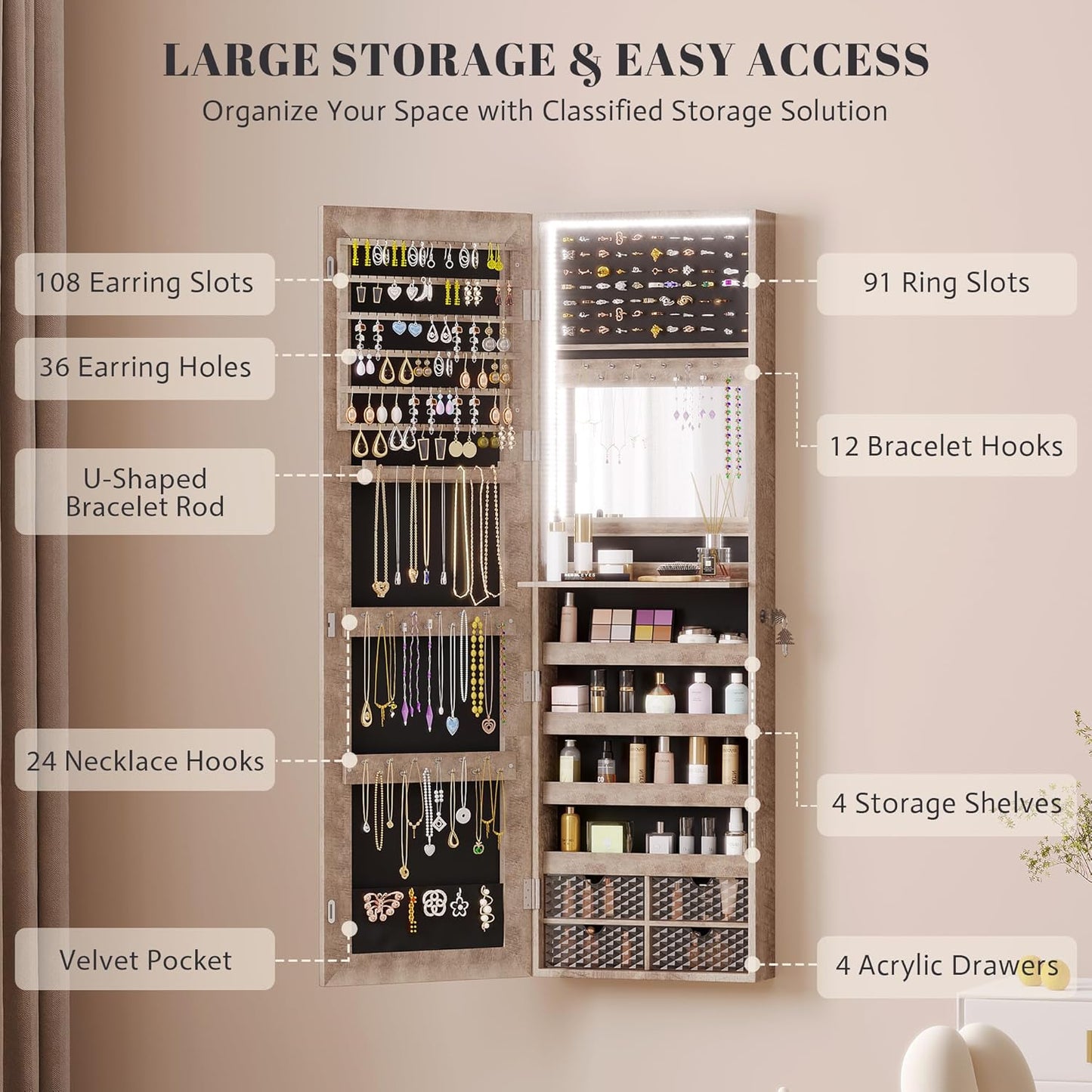 Vlsrka 47.2 Inch Full Length Mirror with Storage, Wall Mount Mirror Jewelry Cabinet, Over The Door Hanging Jewelry Armoire Organizer, Built-in Light, 4 Drawers, 5 Shelves, Lockable (Wood)