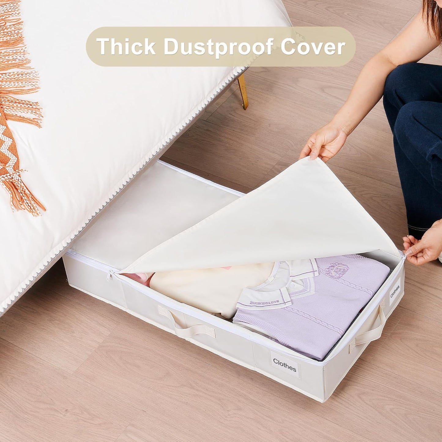 Under Bed Storage with Wheels, 2 Pack Under Bed Storage Containers with Label Holders for Clothes, Shoes and Blankets, Rolling Underbed Shoe Organizer with Cover, Beige (30.71x15.7x7.28 in)