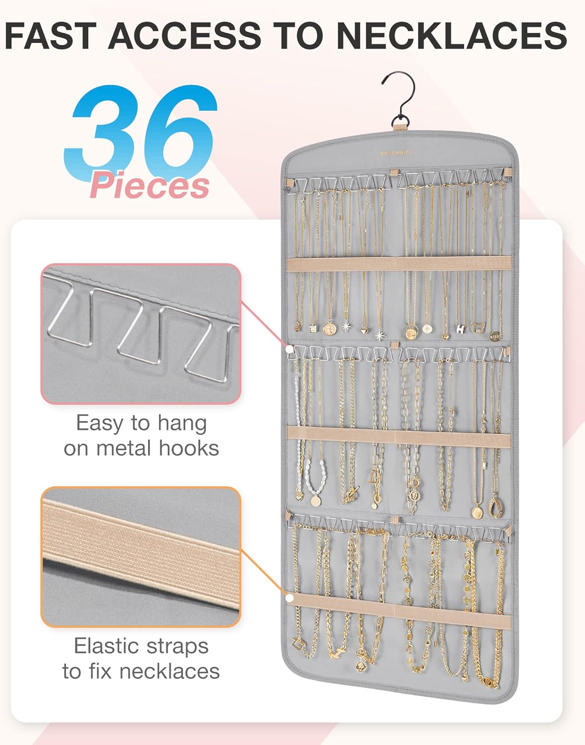 BAGSMART Hanging Jewelry Organizer, Necklace Holder Anti-tangle Earrings Rings Hanger with 20 Jewelry Bags Travel Storage Roll with Pockets Hang on Closet, Wall, Door,1 Piece, Large Grey