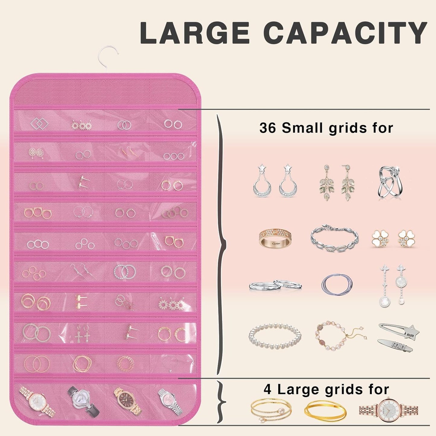 Hanging Jewelry Organizer Storage, 40 Pockets 36 Hooks Necklace Earring Necklace Bracelet Ring Organizer, Double - Sided Design, Pink